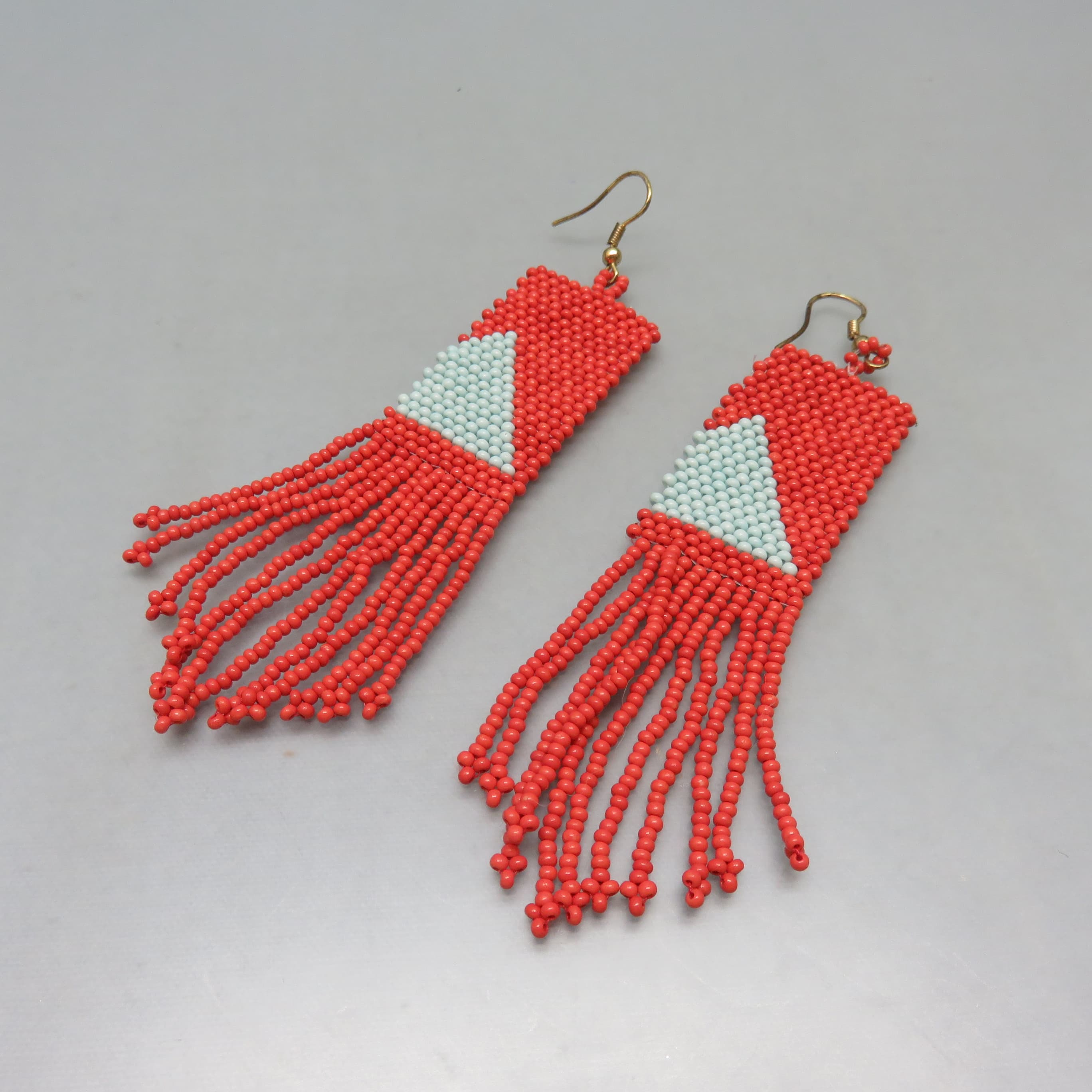 Vintage Long Hand Beaded Pierced Earrings, Red and Light Blue 