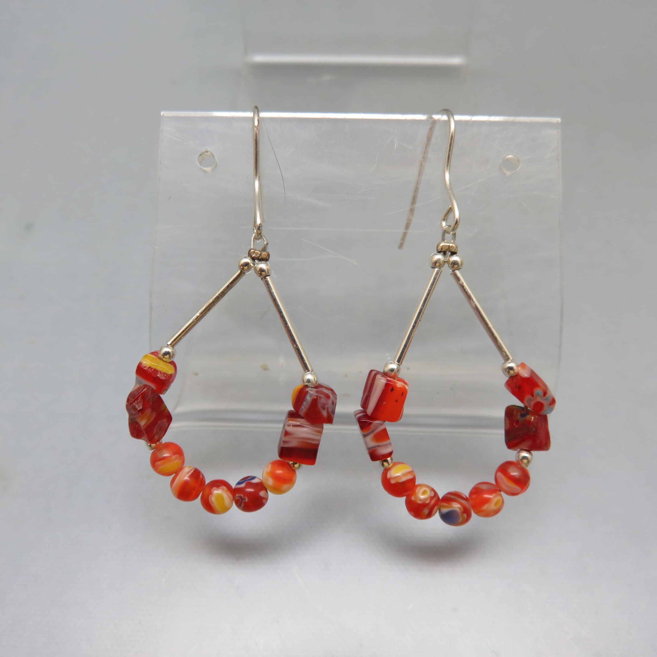 Red and White Art Glass Beaded Pierced Earrings, Vintage Teardrop Shap