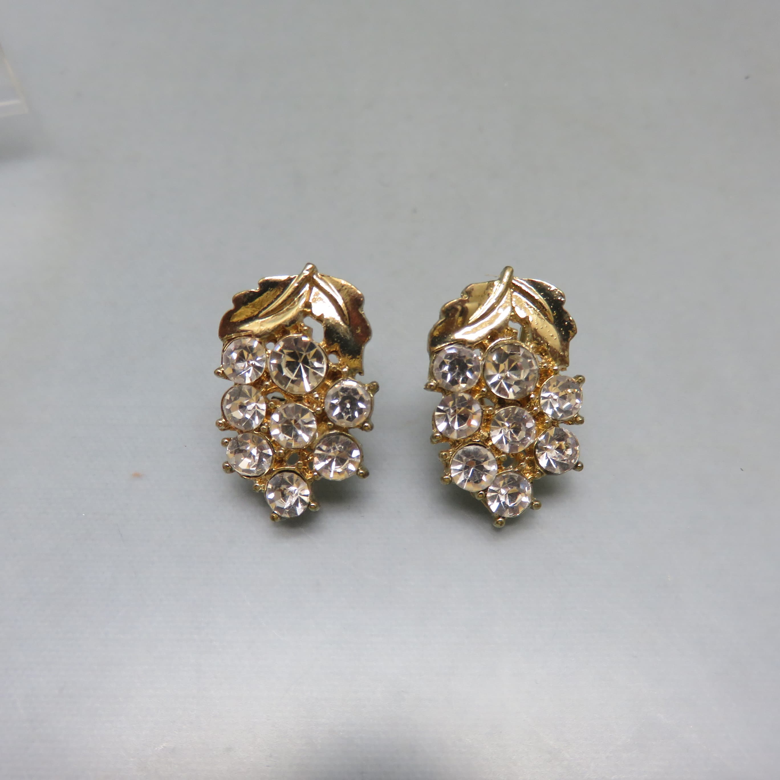 Clear Rhinestone Bunch of Grapes Pierced Earrings, Vintage Leverback Earrings