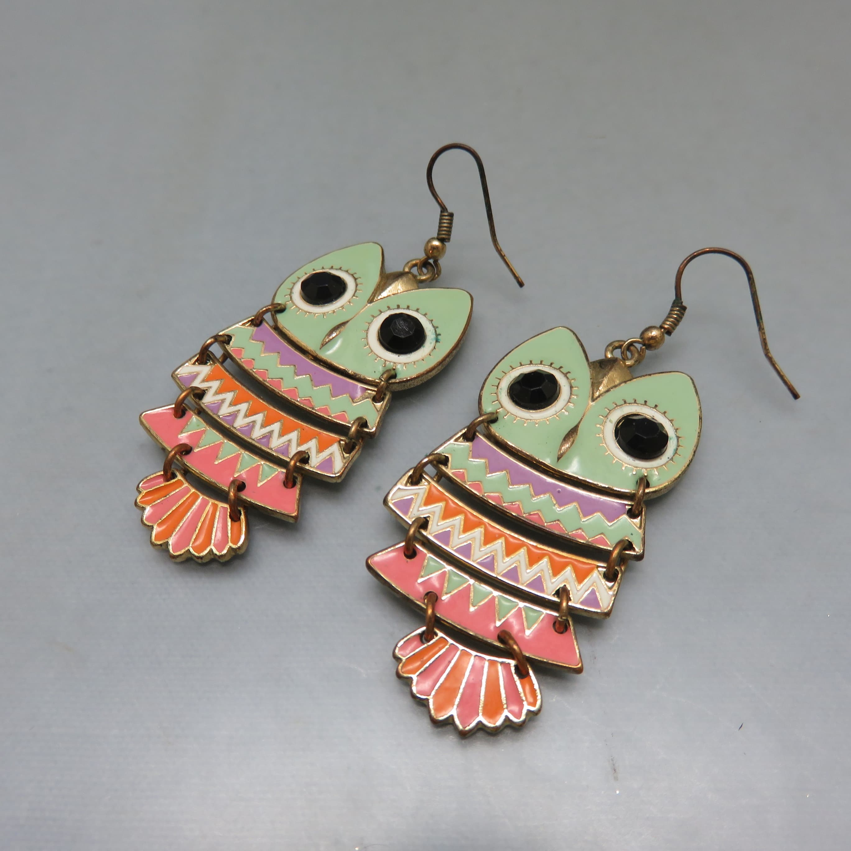 Colorful Enamel Owl Articulated Pierced Earrings, Vintage Owl Earrings