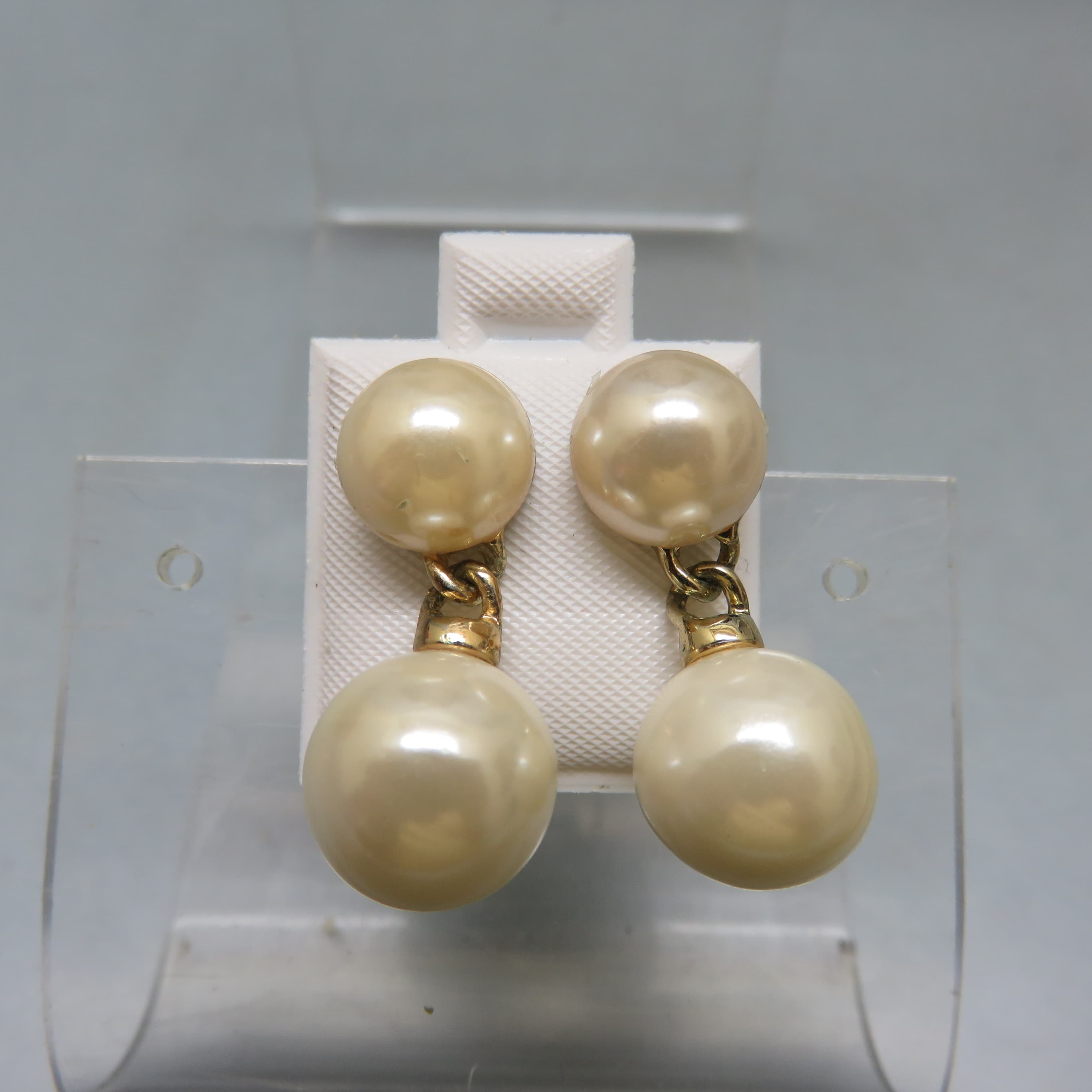 Faux Pearl Drop Earrings, Vintage Two Pearl Pierced Earrings