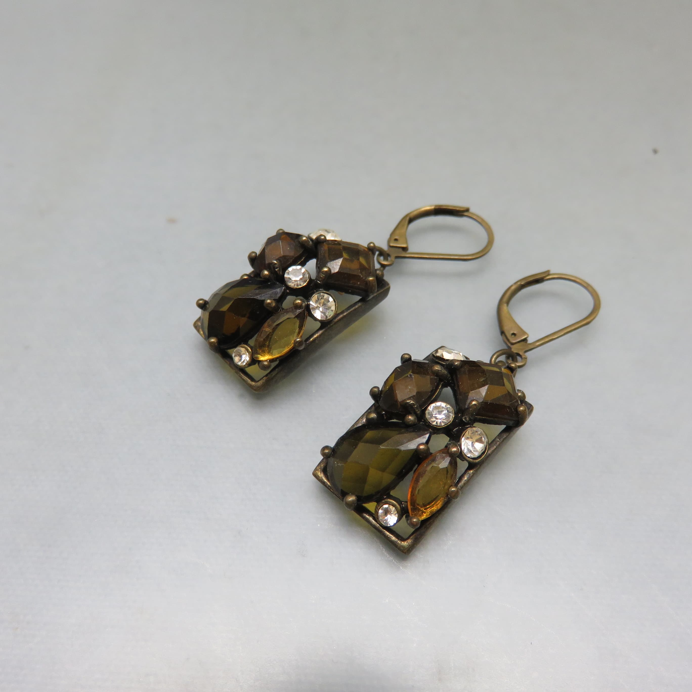 Whiskey Gold and Brown Rhinestone Pierced Earrings, Aged Goldtone Metal