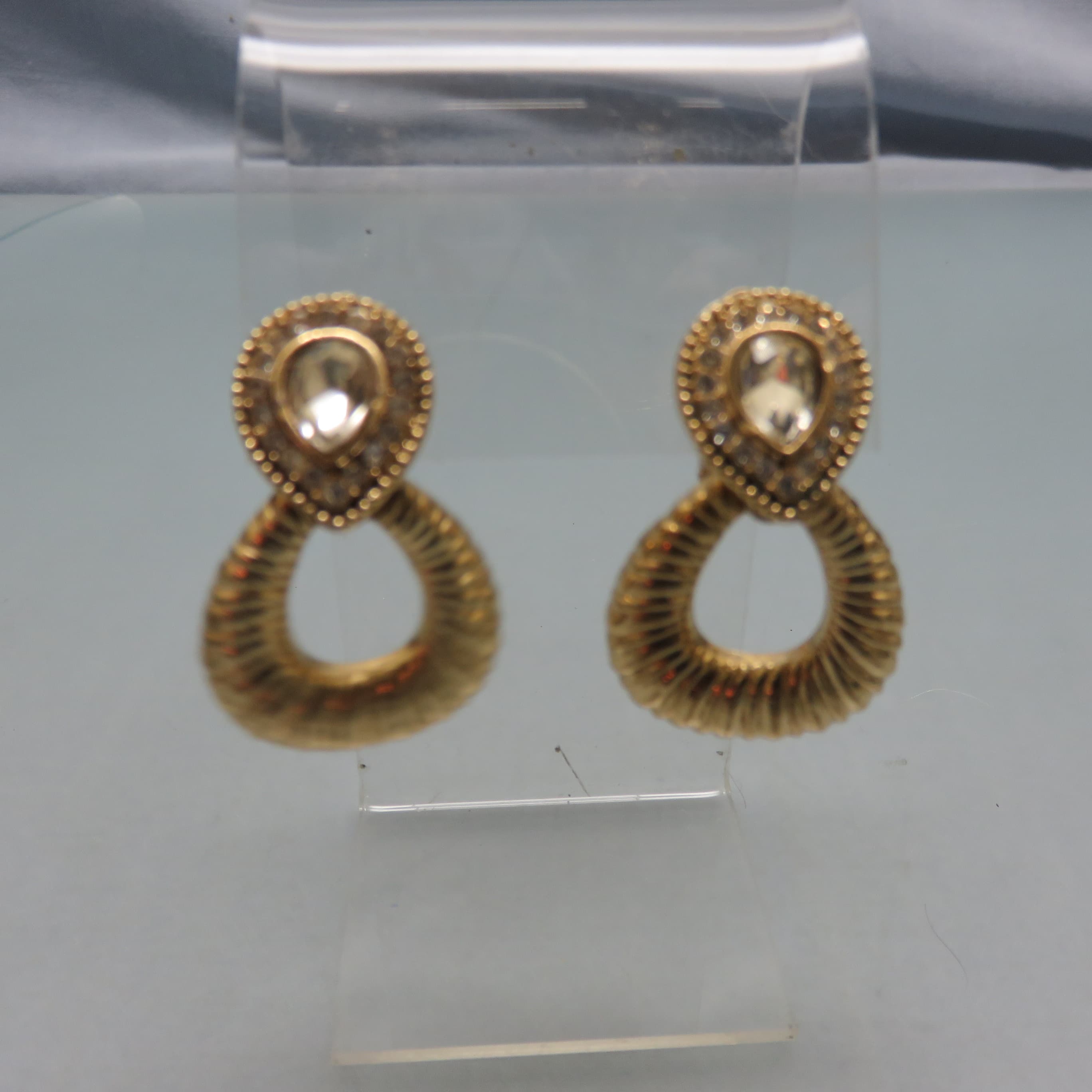 Fancy Rhinestone Door Knocker Clip On Earrings, Vintage