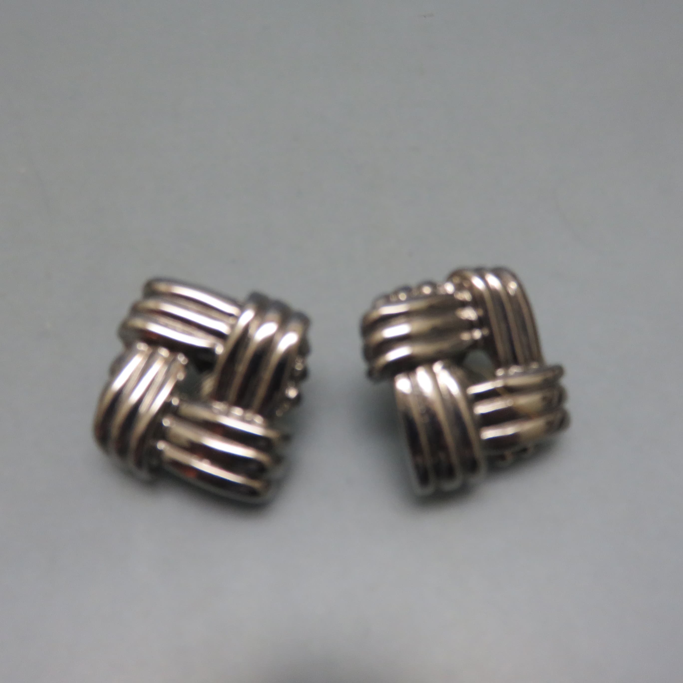 Antiqued Silvertone Metal Cross Hatch Woven Design Clip On Earrings, Vintage