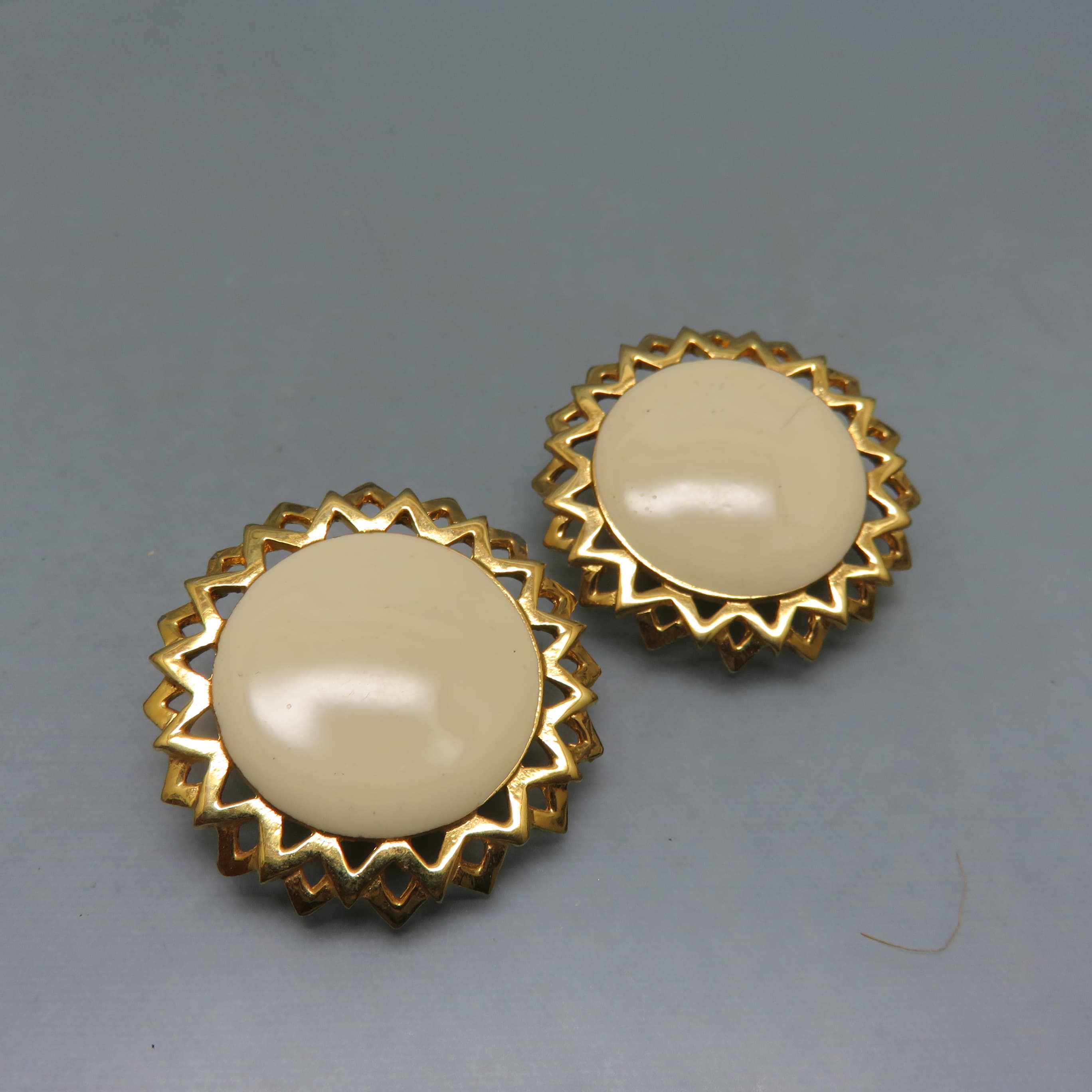 Big Bold 1980s Cream Enamel Golden Sun Clip On Earrings, Ginnie Johansen Designs