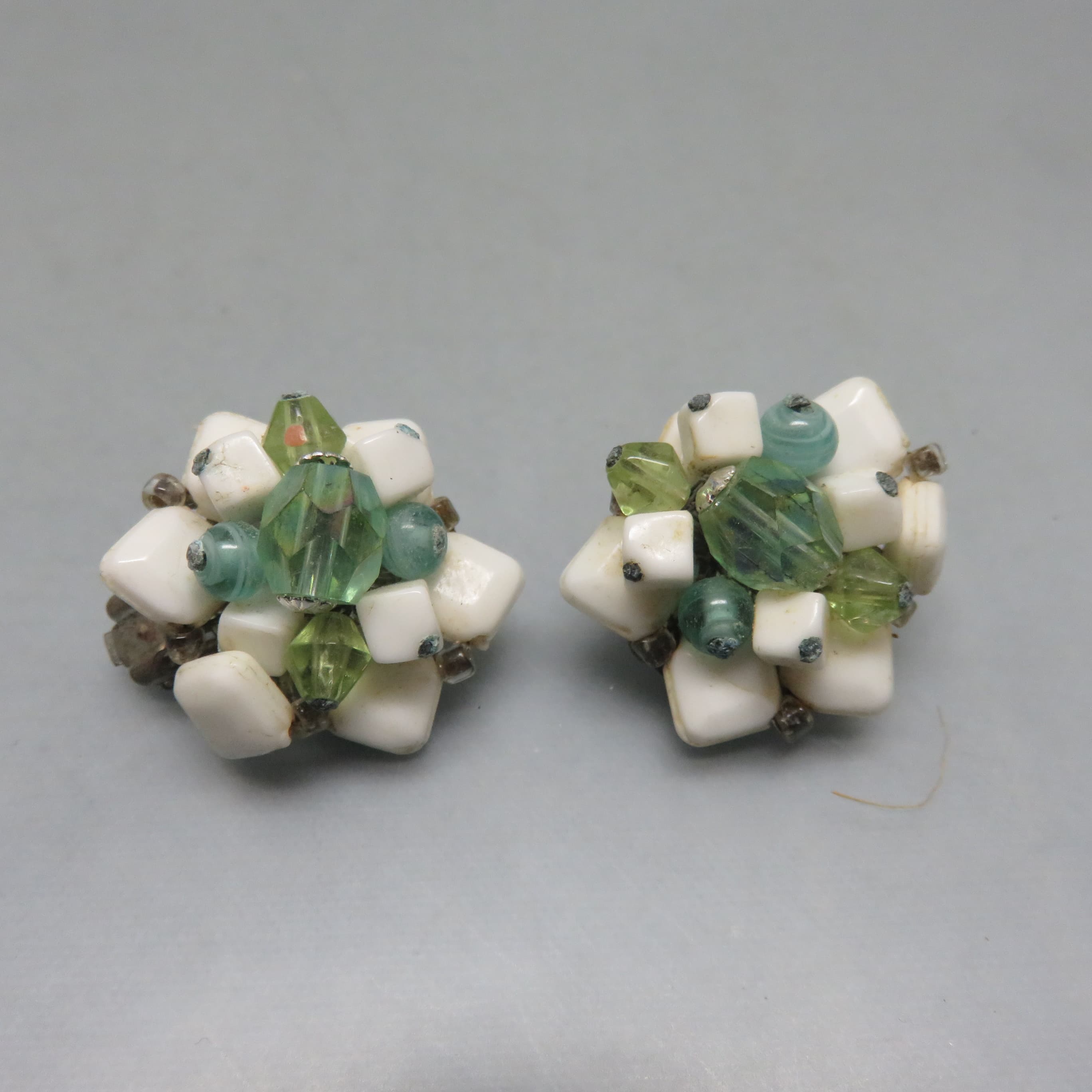 1960 White Glass and Blue and Green Crystal Beaded Clip Earrings