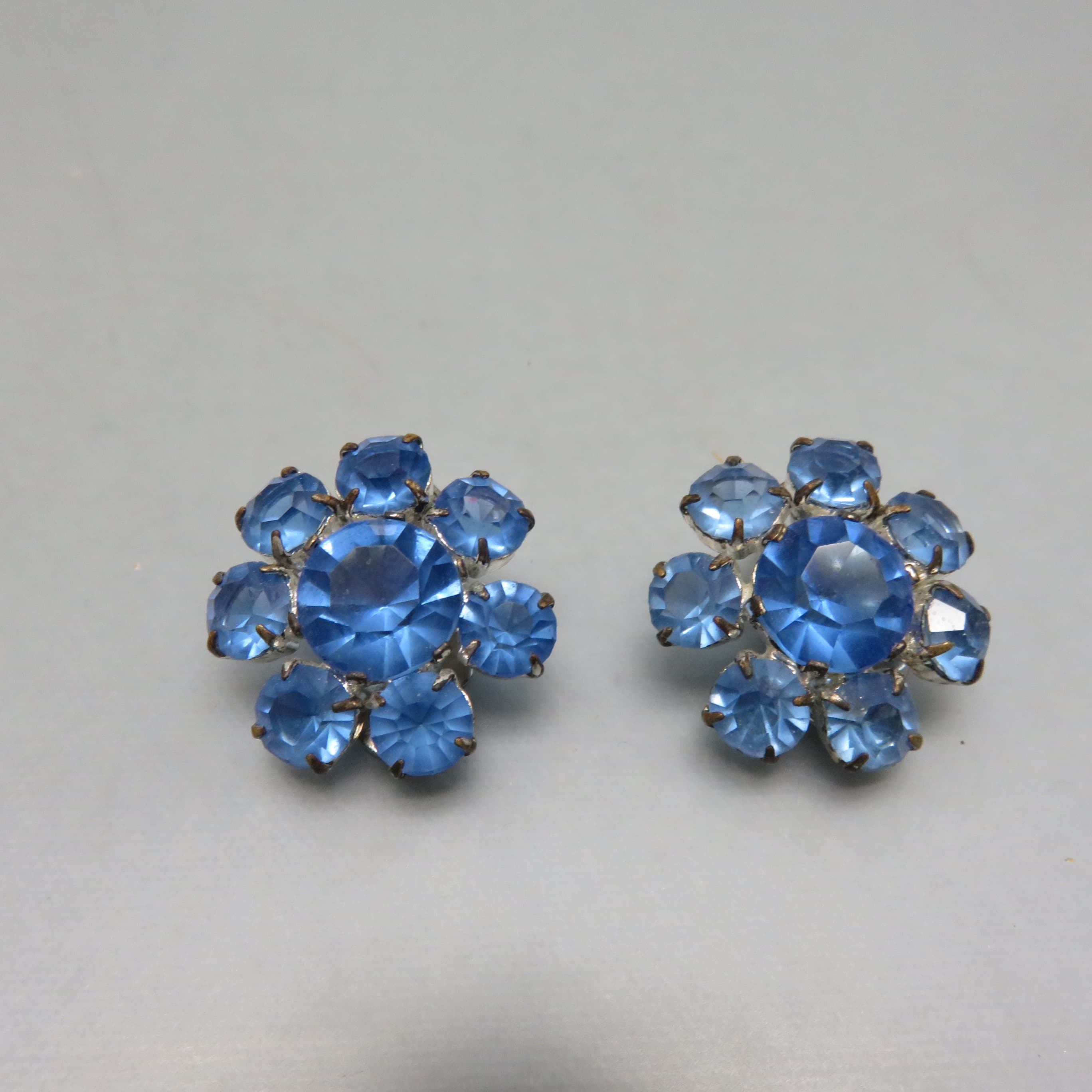 True Blue Rhinestone Flower Clip On Earrings, 1960 Vintage Earrings