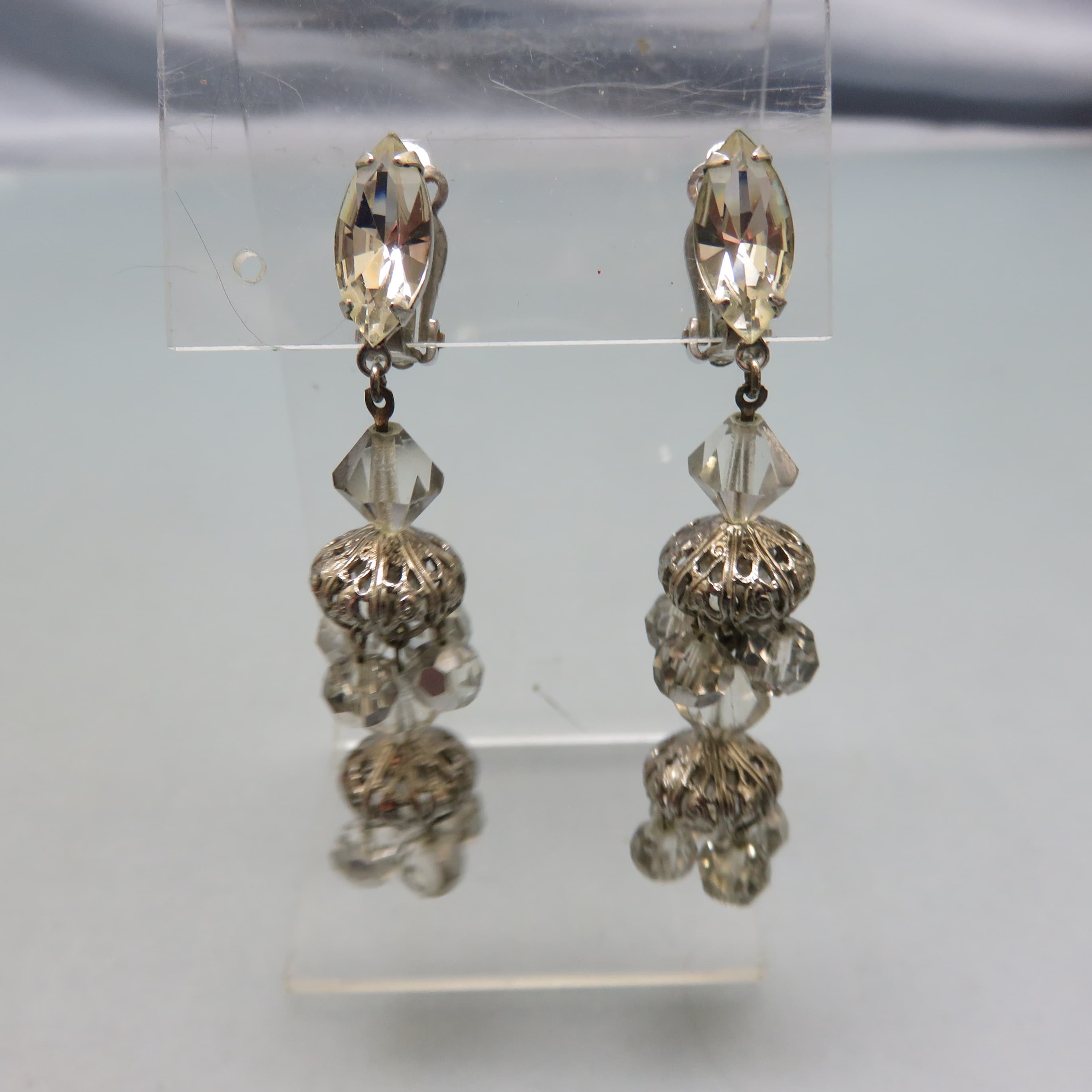 Lewis Segal White Rhinestone Silver Filigree Clip On Dangle Earrings, Vintage Rhinestone Dangles