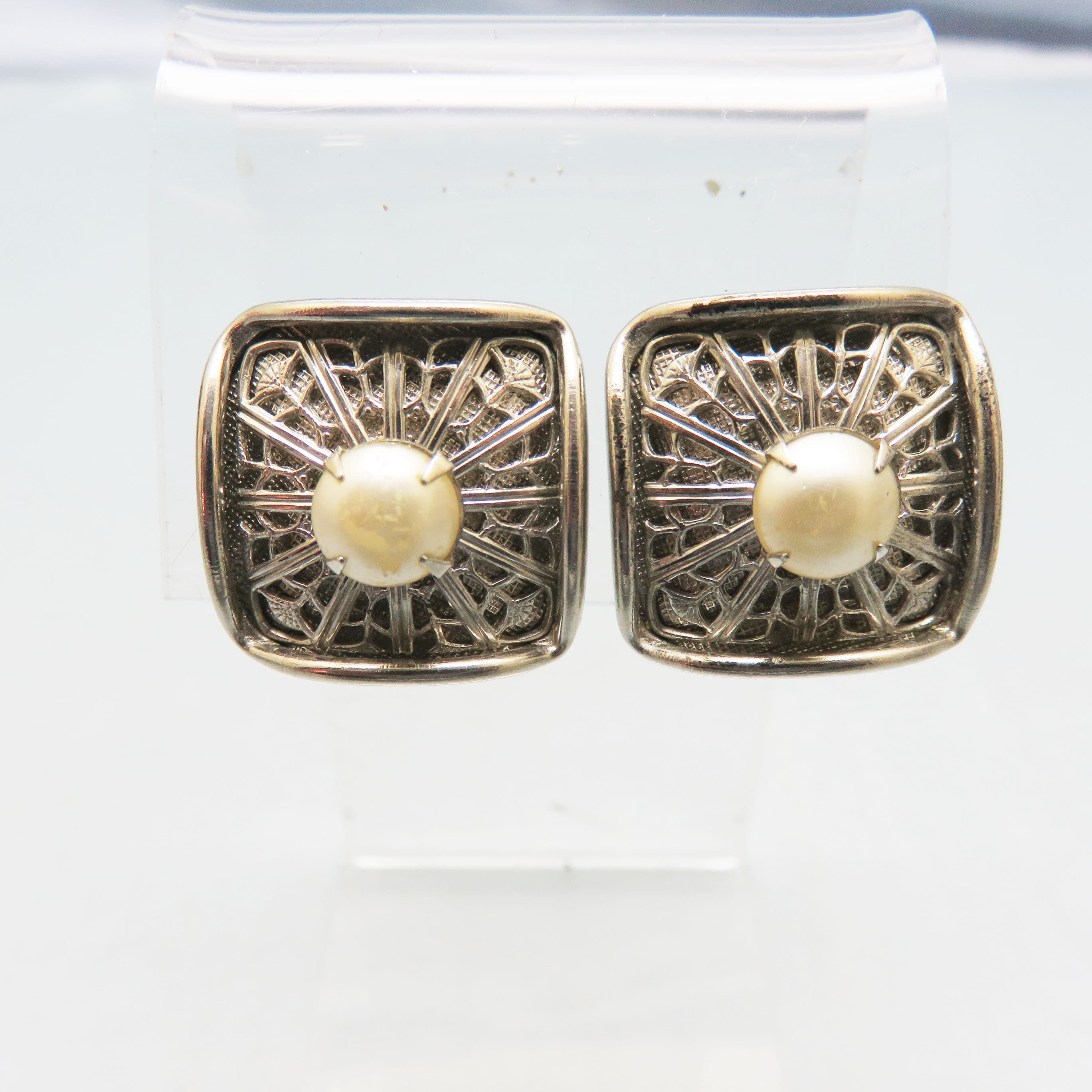 1960s Silvertone Metal Faux Pearl Clip On Earrings, Filigree Design