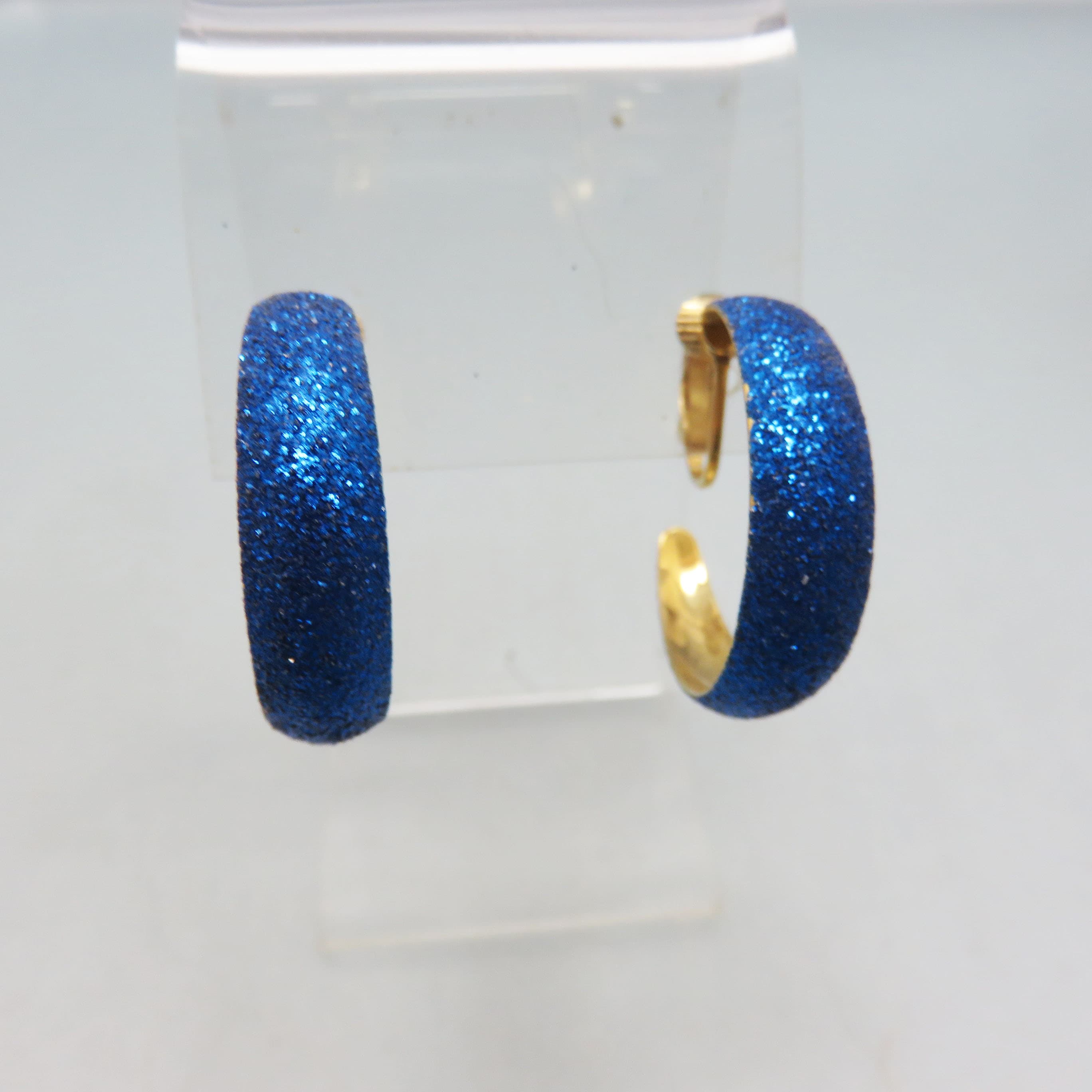 Large Blue Glittered Golden Hoop Clip On Earrings, Vintage Hoop Earrings