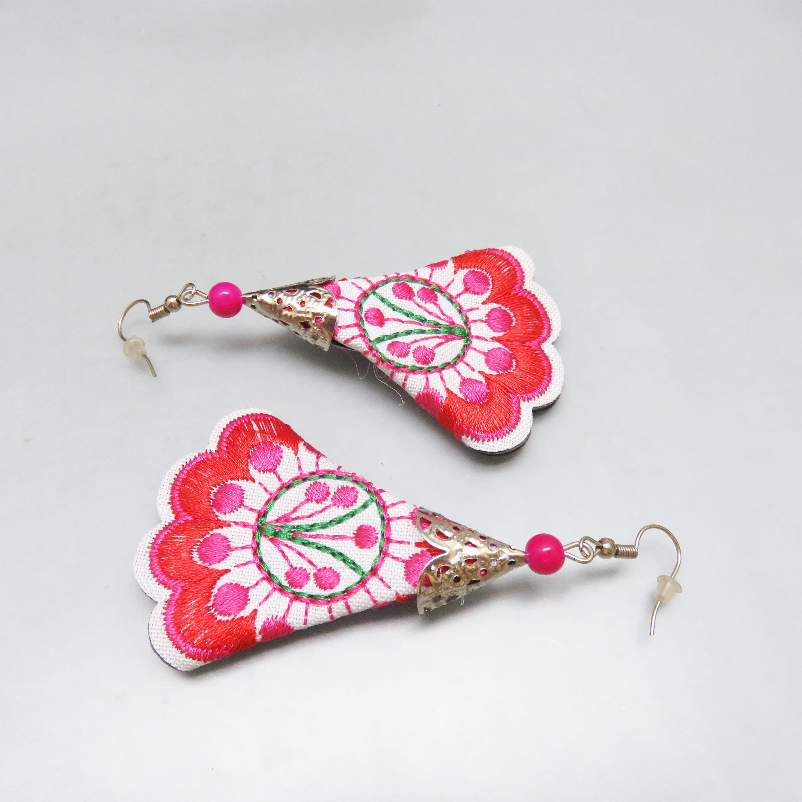 Gorgeous Red, Pink and White Embroidered Fabric Meso American Pierced Earrings, Cinco De Mayo