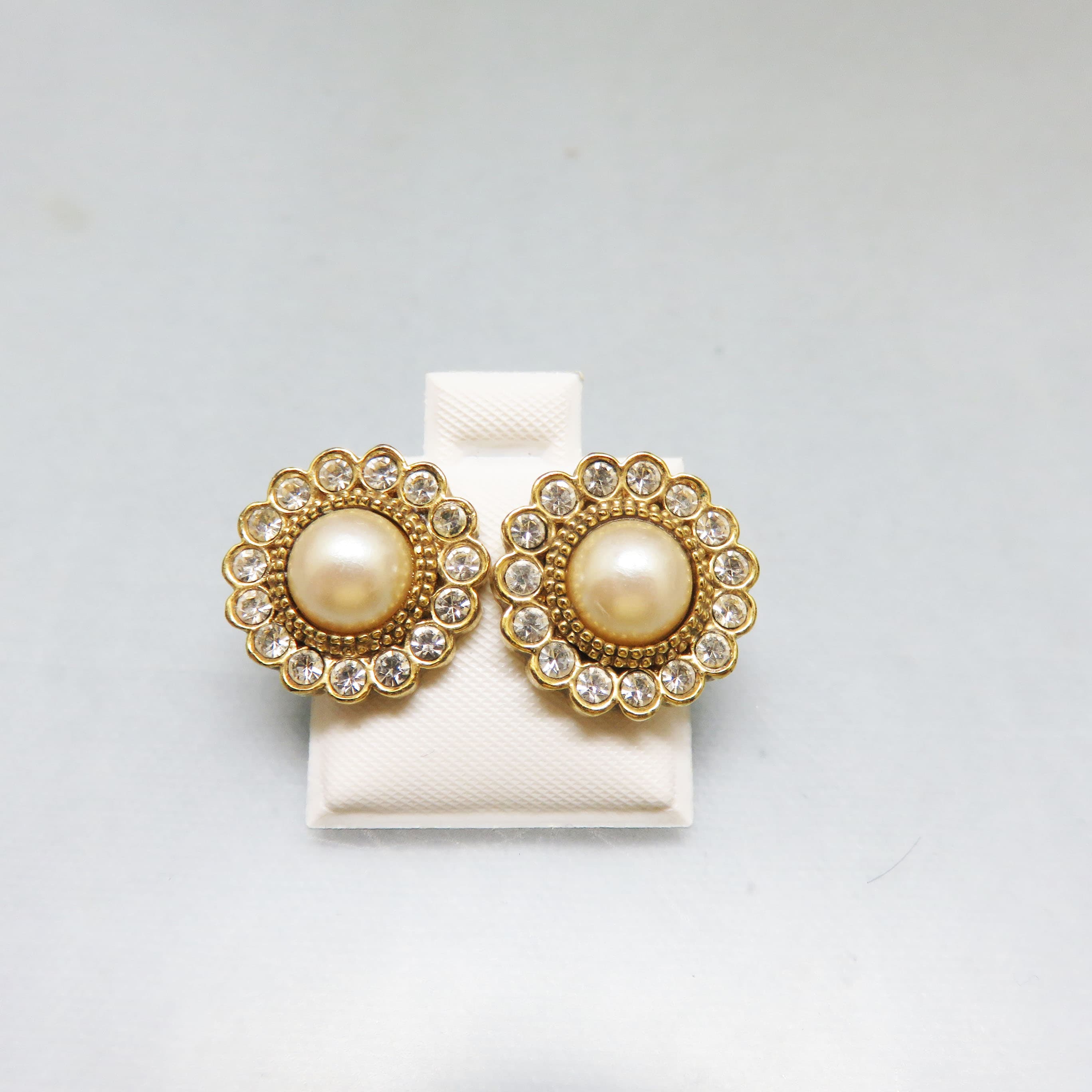 Classic Faux Pearl and Rhinestone Stud Style Pierced Earrings, Vintage 1928 Jewelry Company