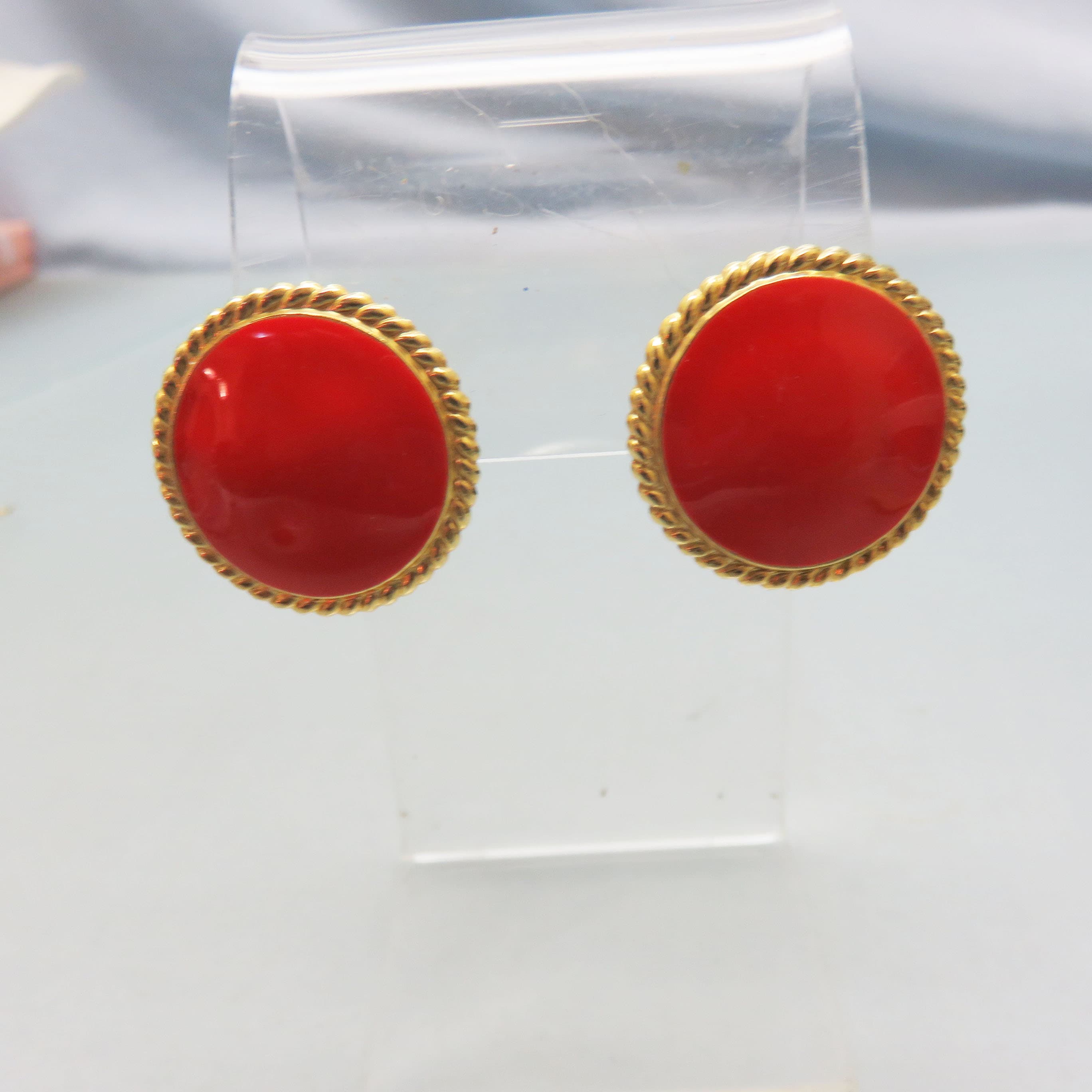 Quarter Size Red Enamel Button Pierced Earrings, 1970 Vintage Earrings