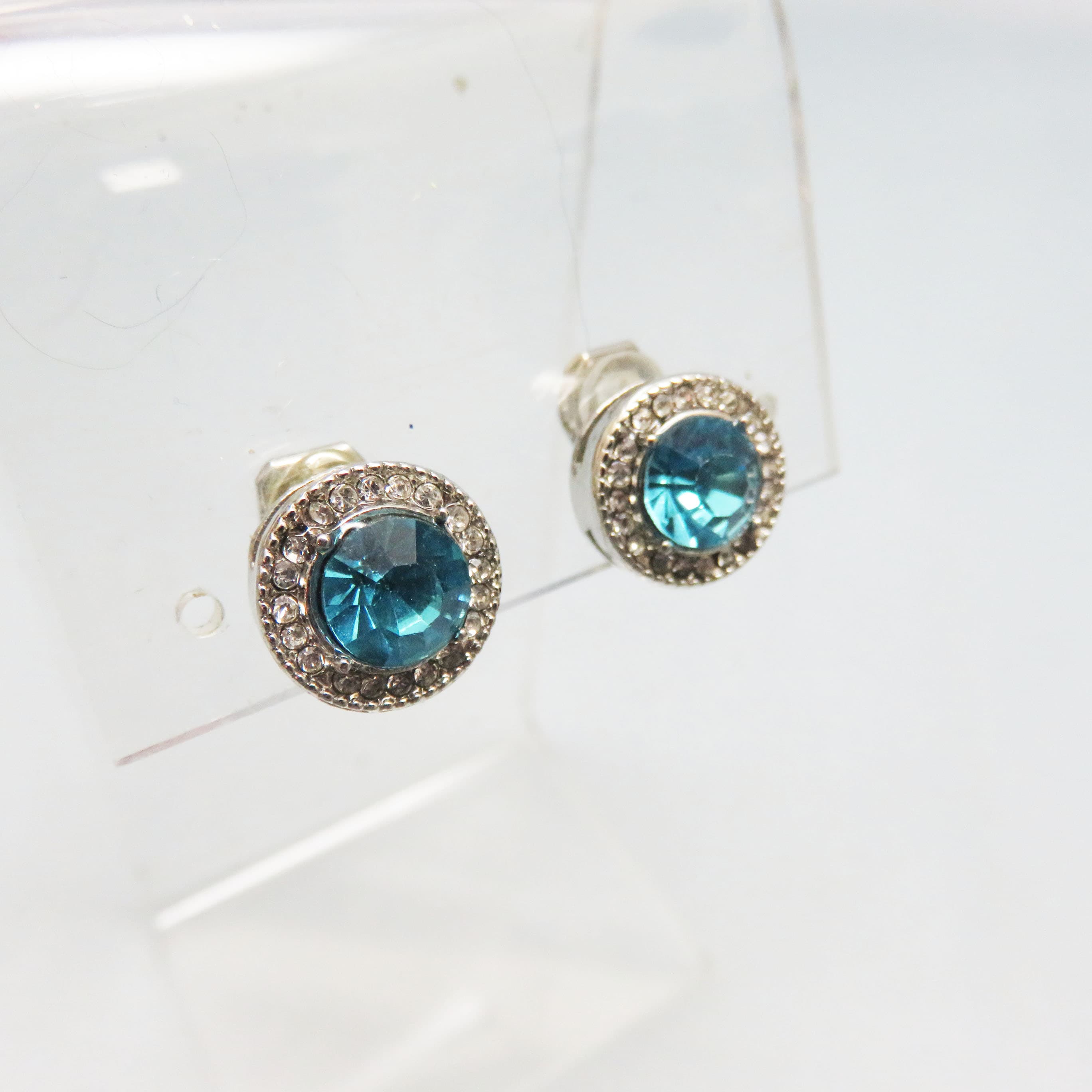 Petite Aqua Blue and Clear Rhinestone Clip On Earrings, Vintage 