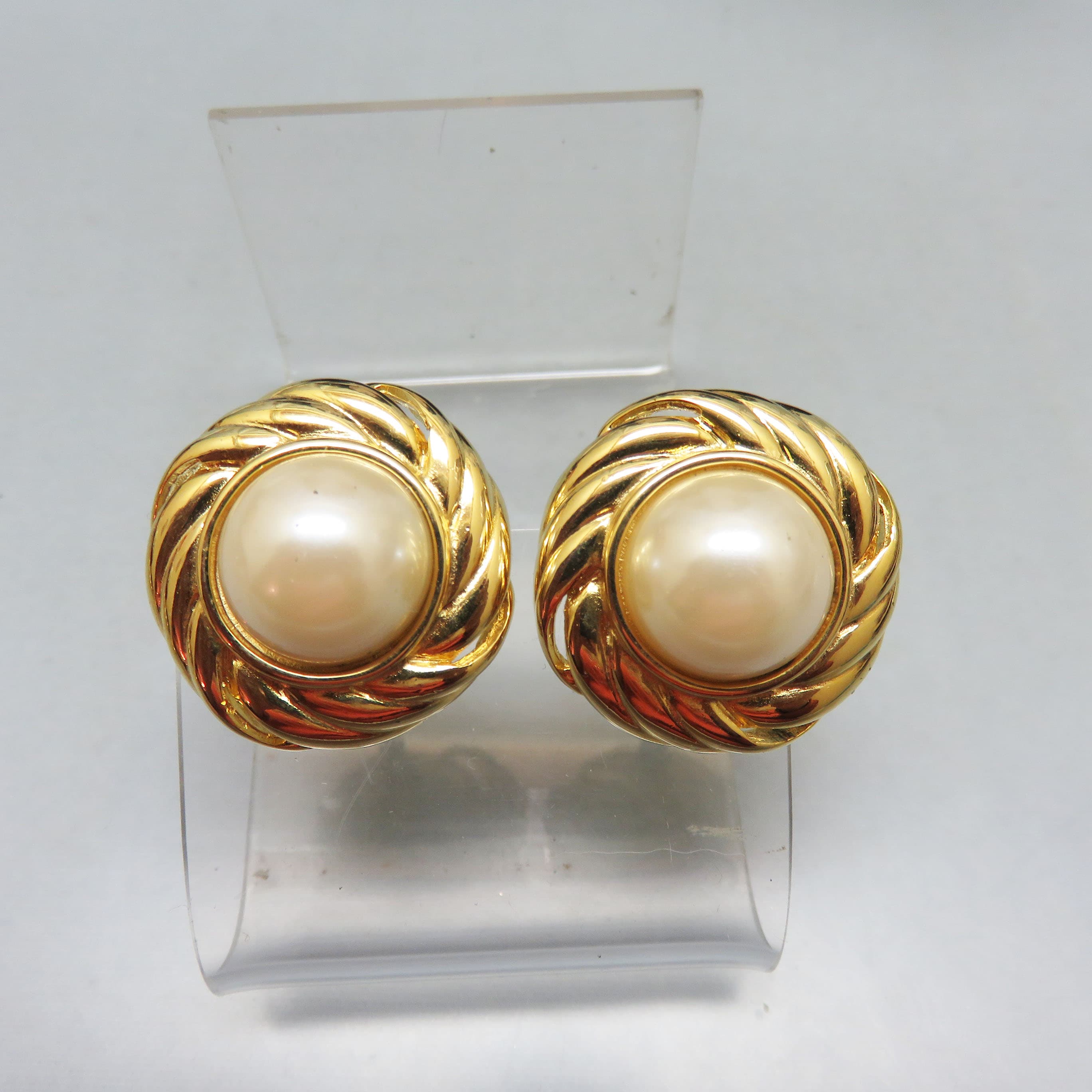 1980s Big Faux Pearl Pierced Earrings, Gold Tone Metal
