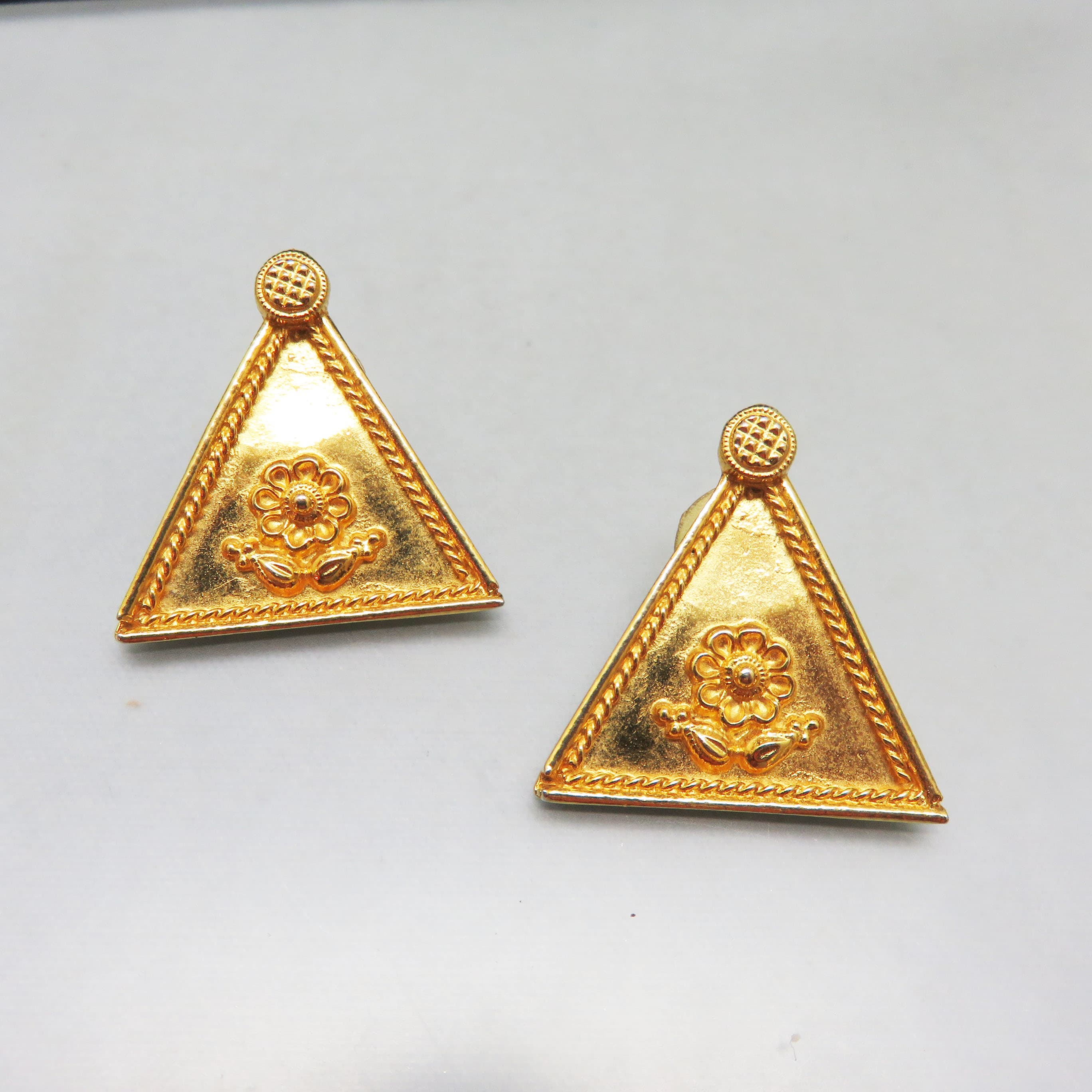 1980s Floral Triangle Pierced Earrings, Big and Bold