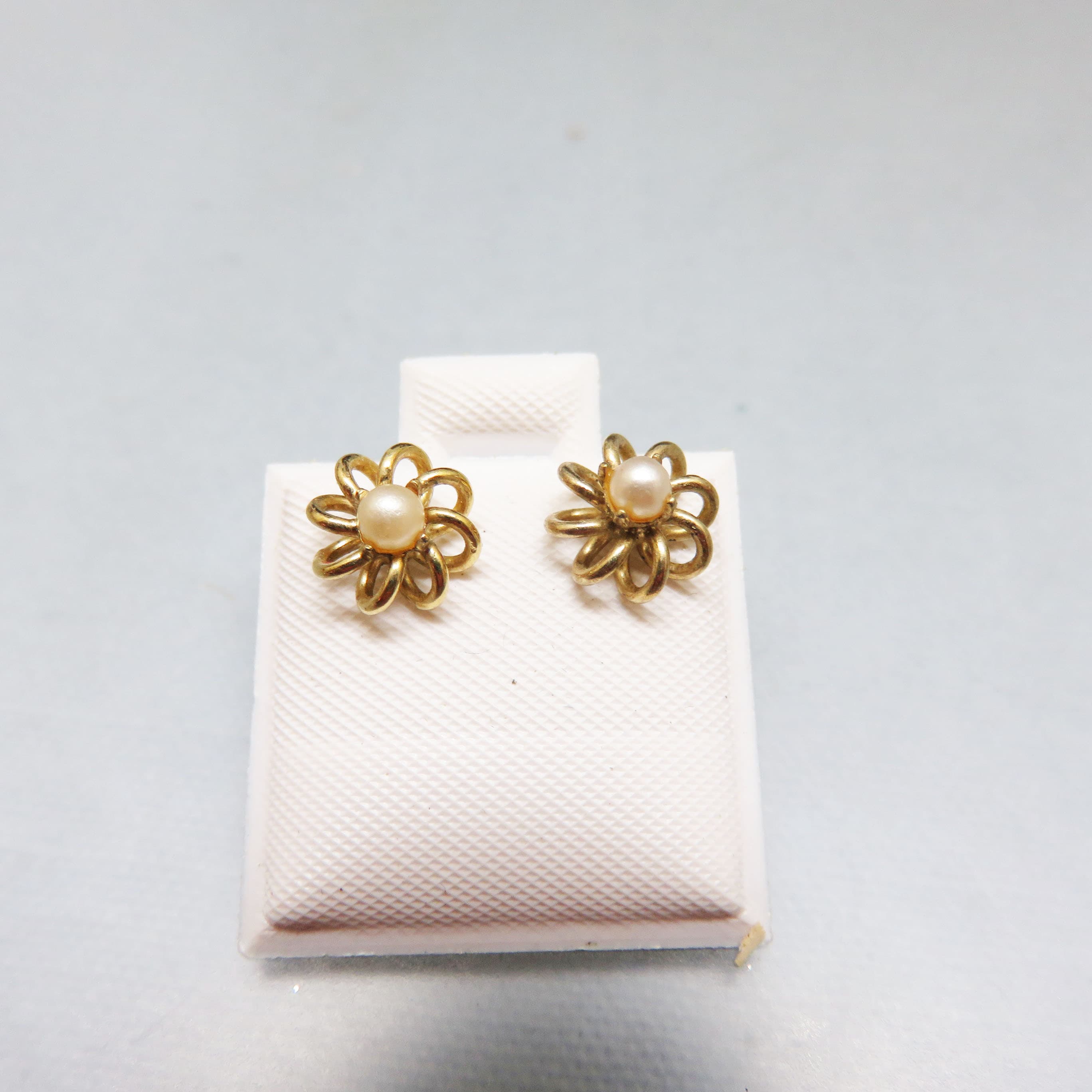 Petite Coiled Wire Faux Pearl Floral Pierced Earrings