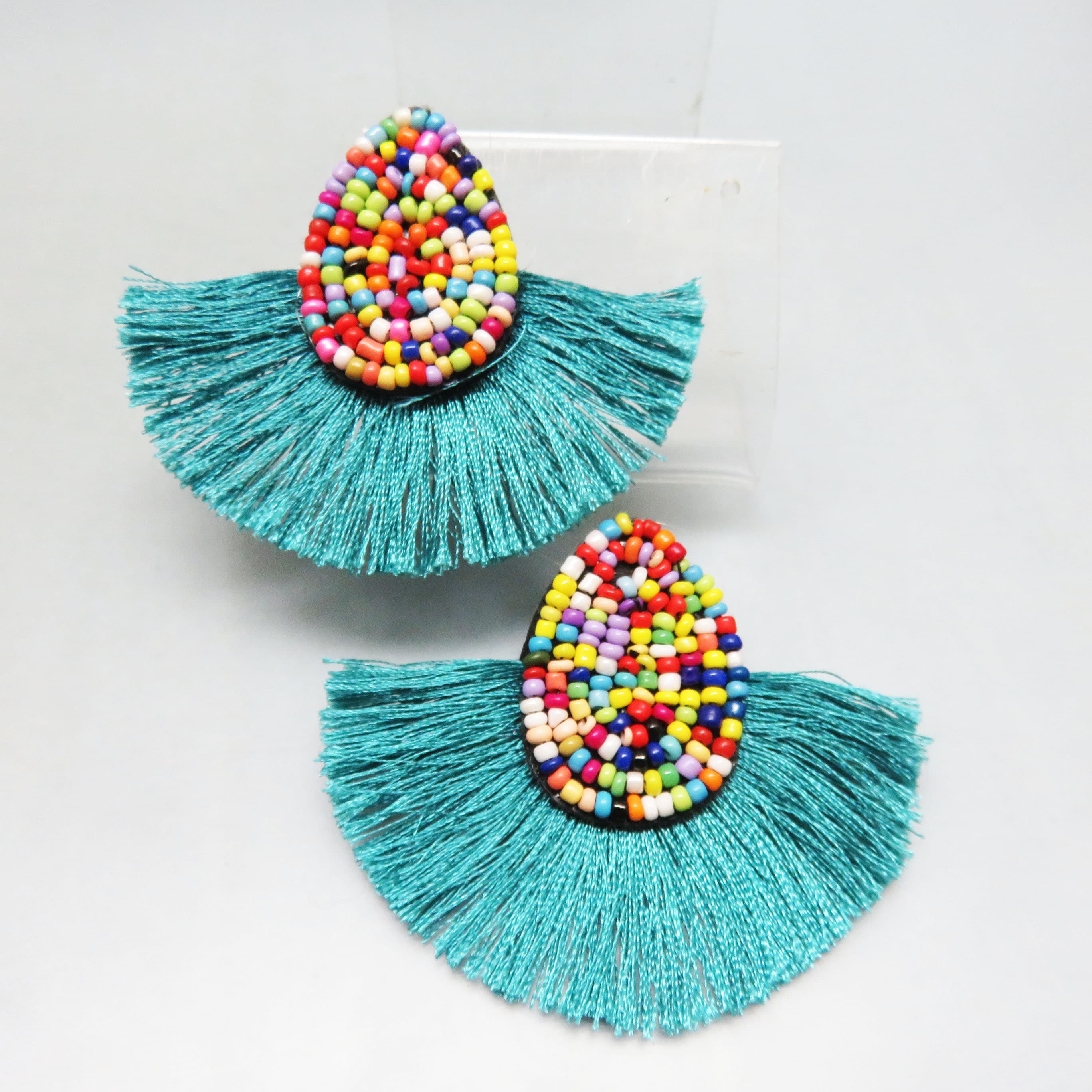 Meso American Fiesta Hand Beaded Fringed Pierced Earrings, Dark Aqua Blue