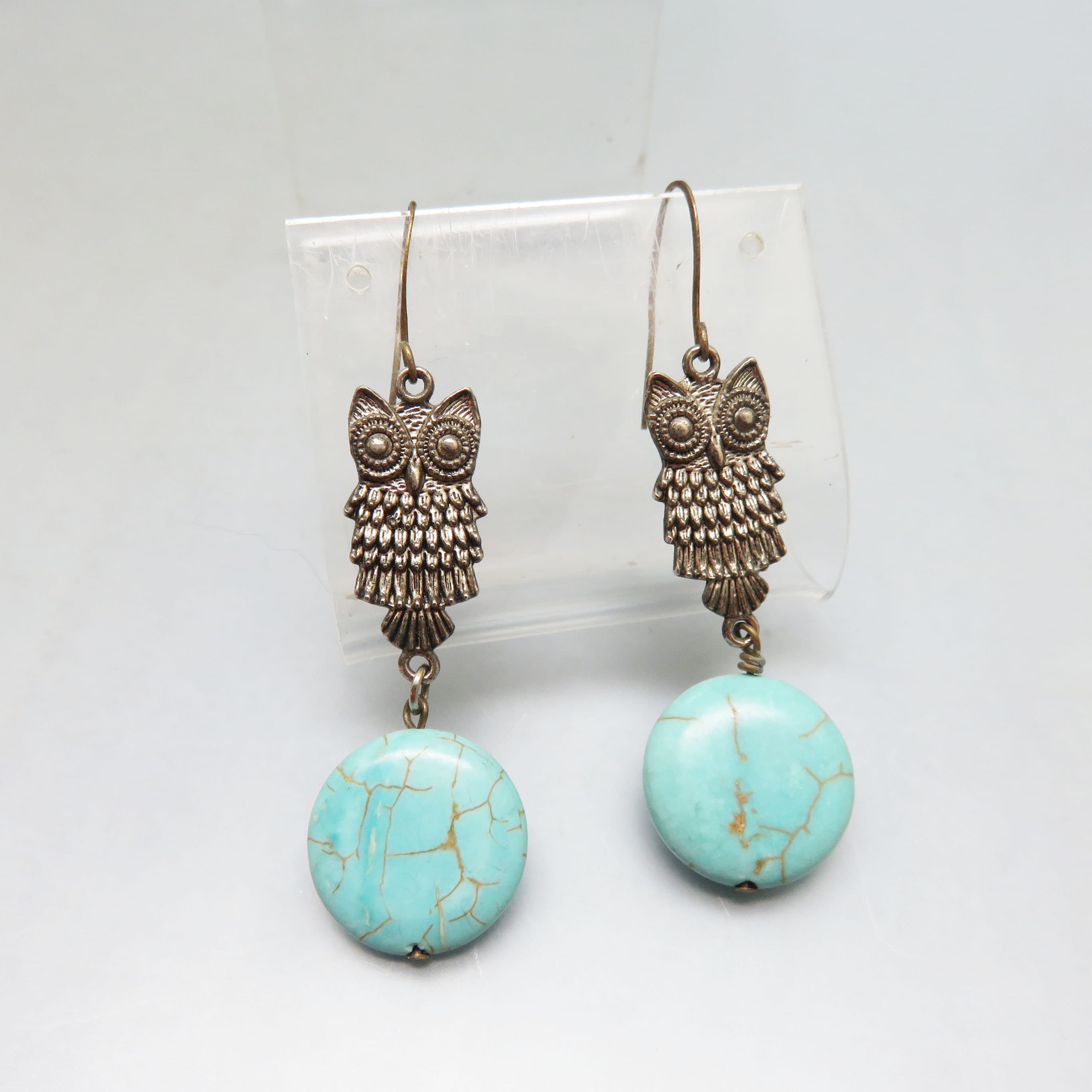 Southwestern Owls Perched on Turquoise Dyed Howlite Discs, Vintage French Hook Pierced Earrings