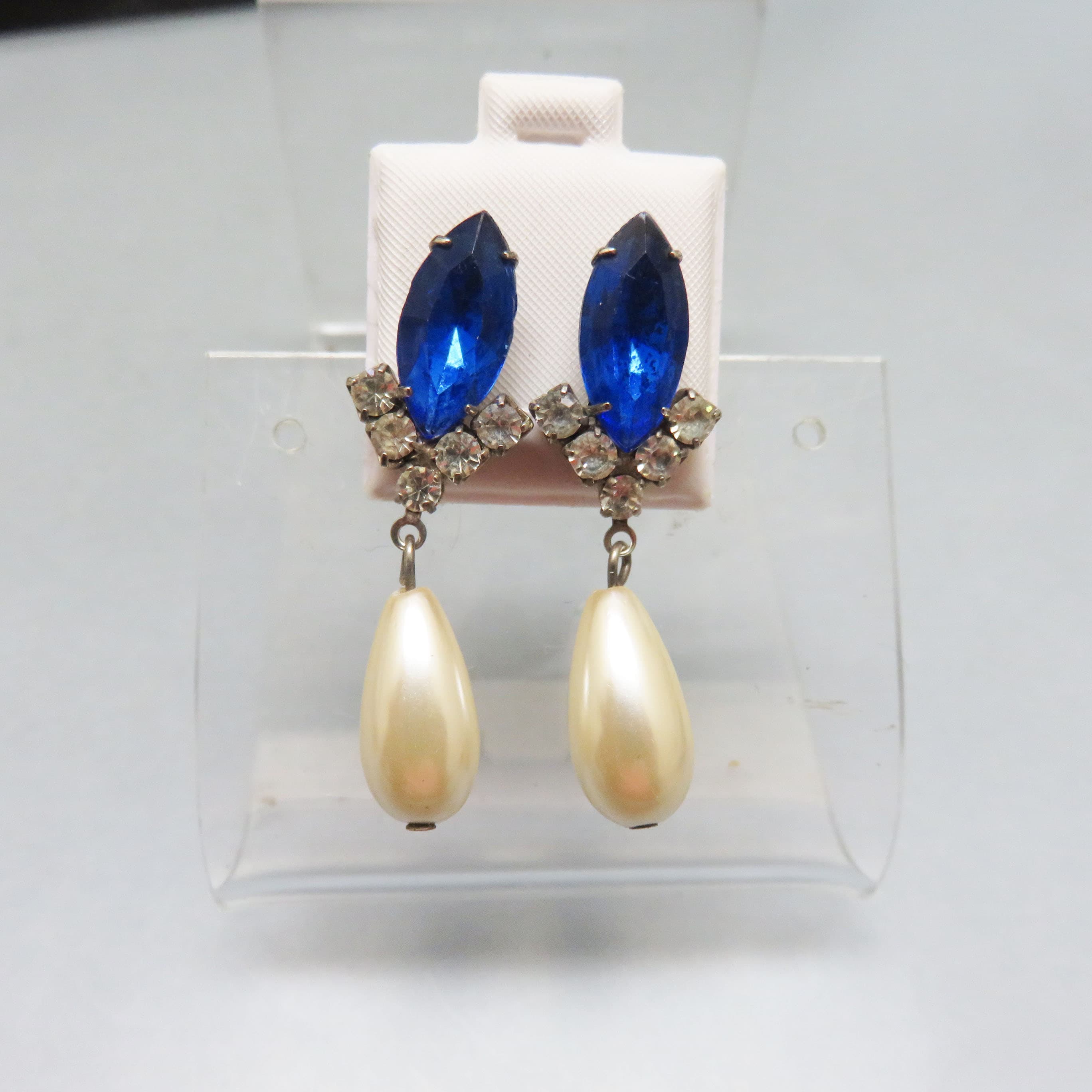 1960s Sapphire Rhinestone and Teardrop Faux Pearl Pierced Earrings