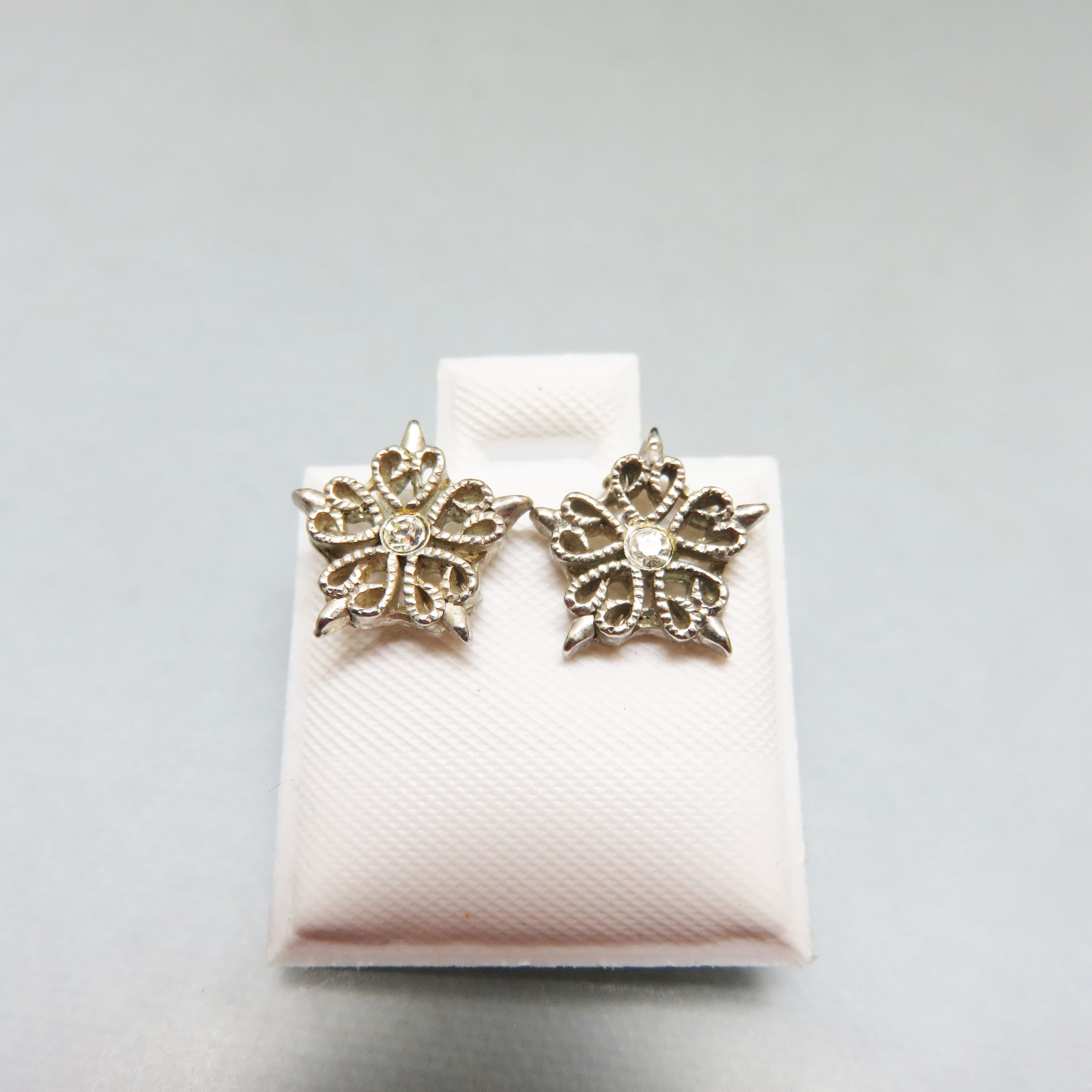 Tiny Filigree Silverplated Snowflake Post Style Pierced Earrings, Vintage