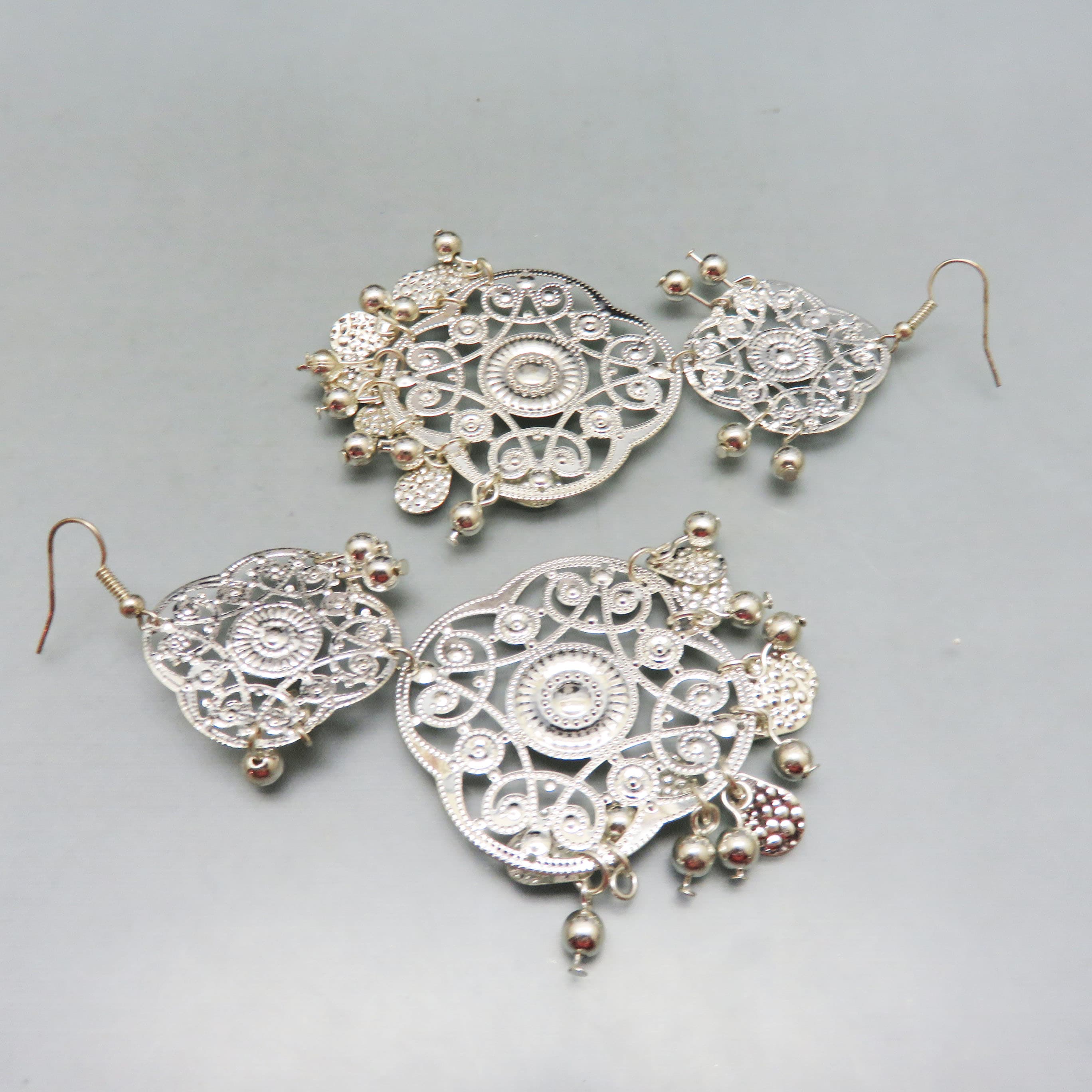 Big Bold Gypsy Style Silvery Metal Pierced Earrings