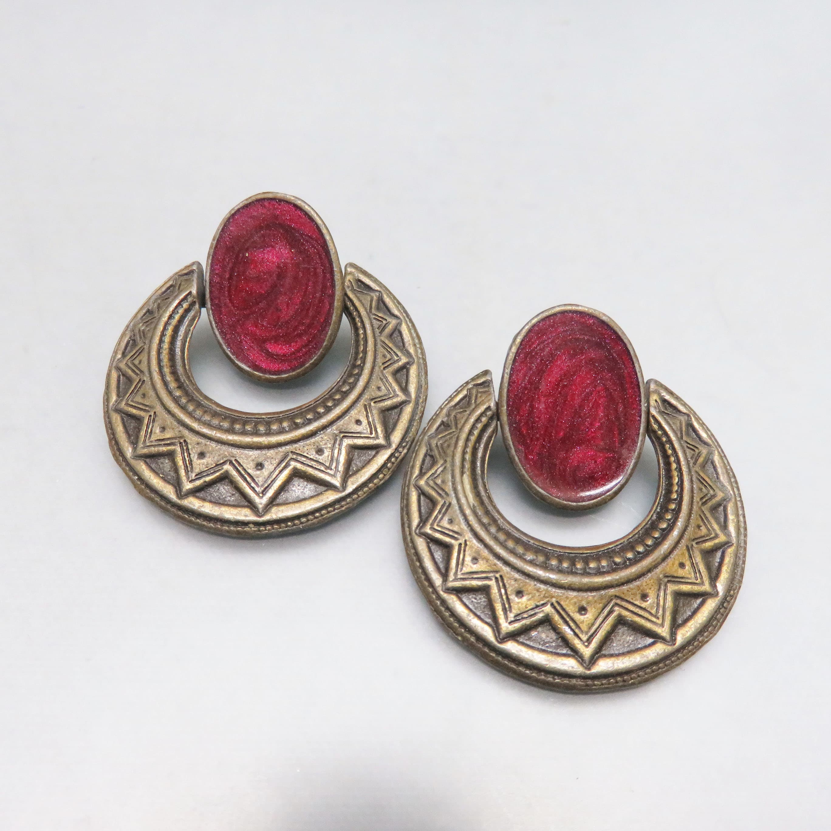 Aged Brass Rust Enamel Door Knocker Southwestern Pierced Earrings