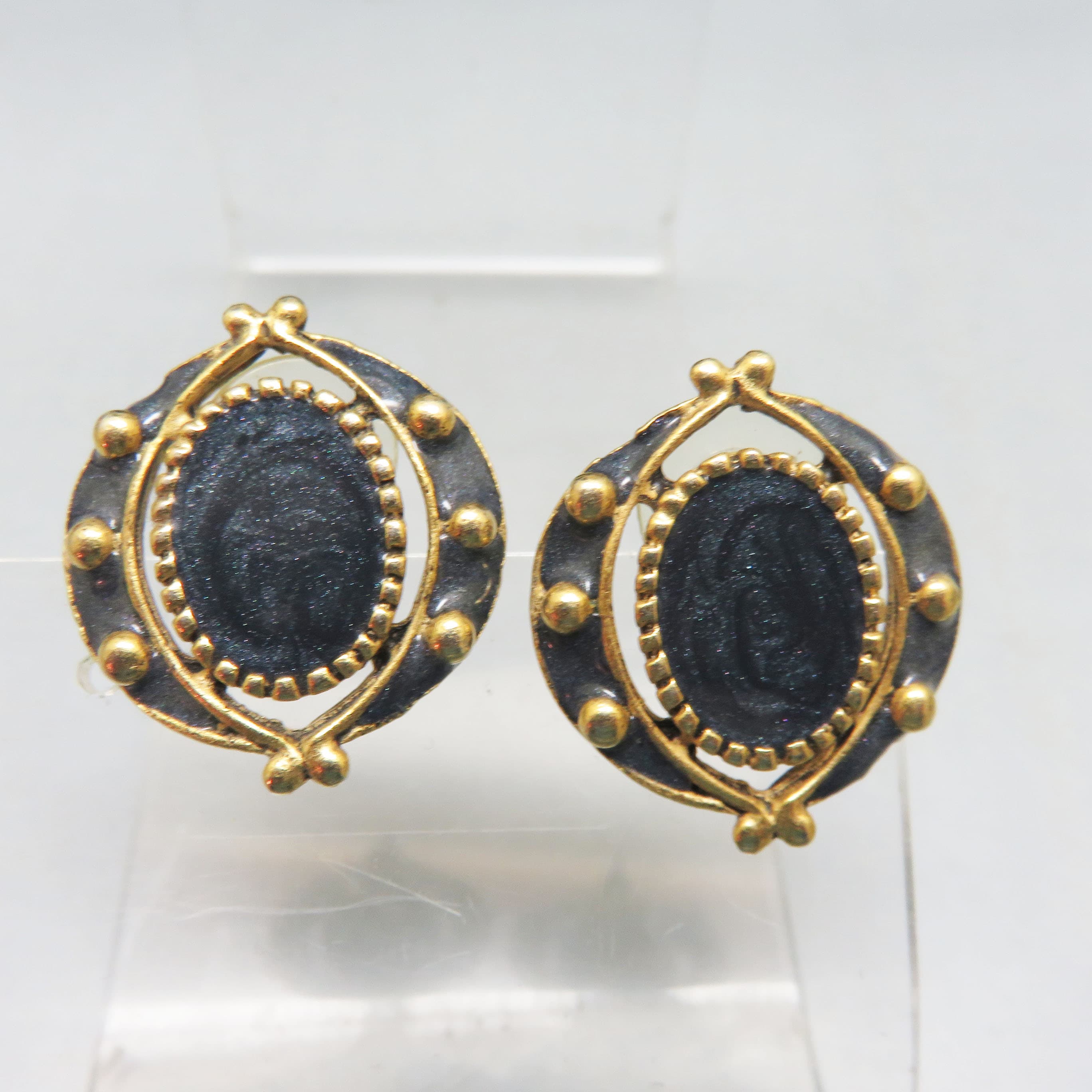 Navy Blue Enamel on Aged Goldtone Metal Stud Style Pierced Earrings