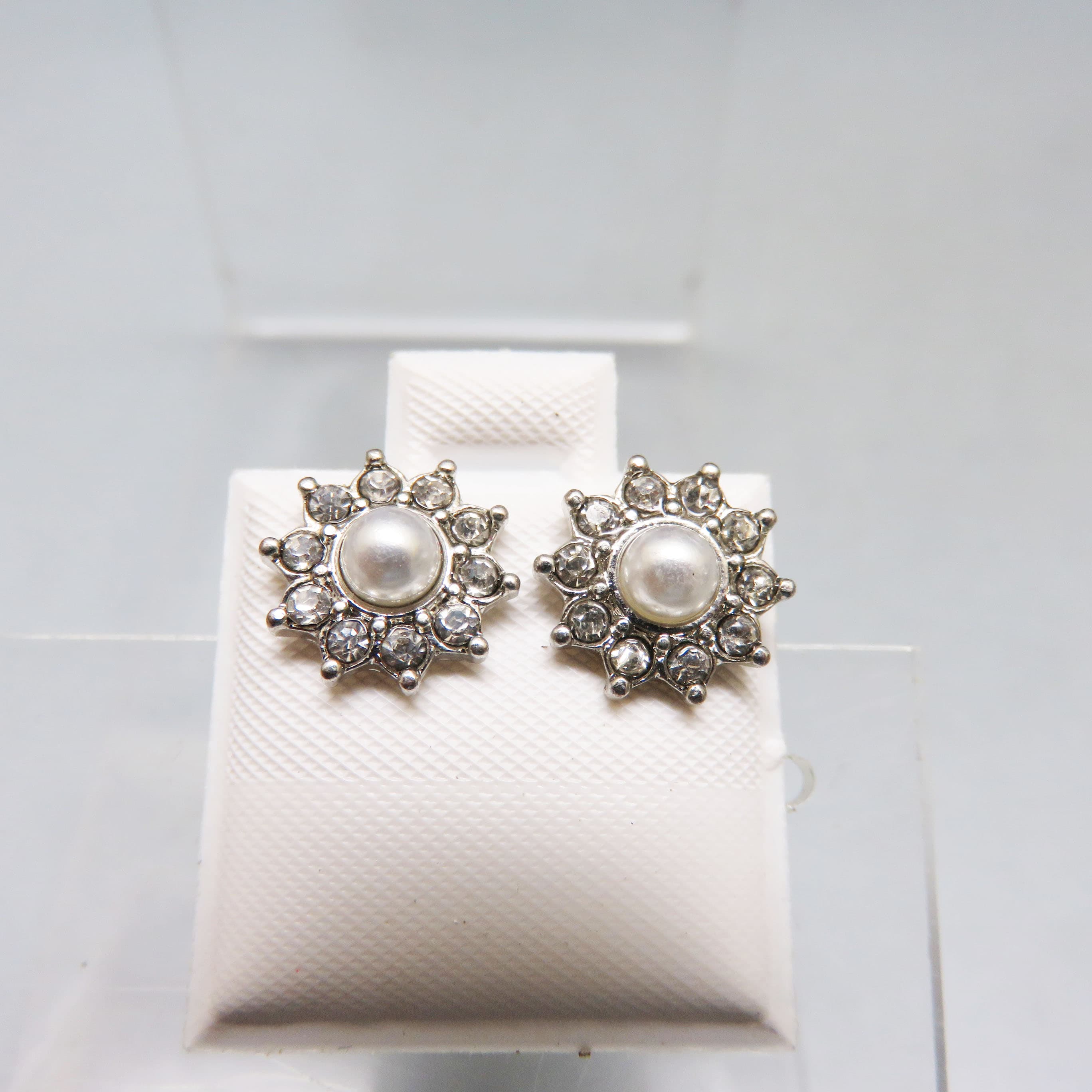 Petite Clear Crystals and Faux Pearl Stud Pierced Earrings