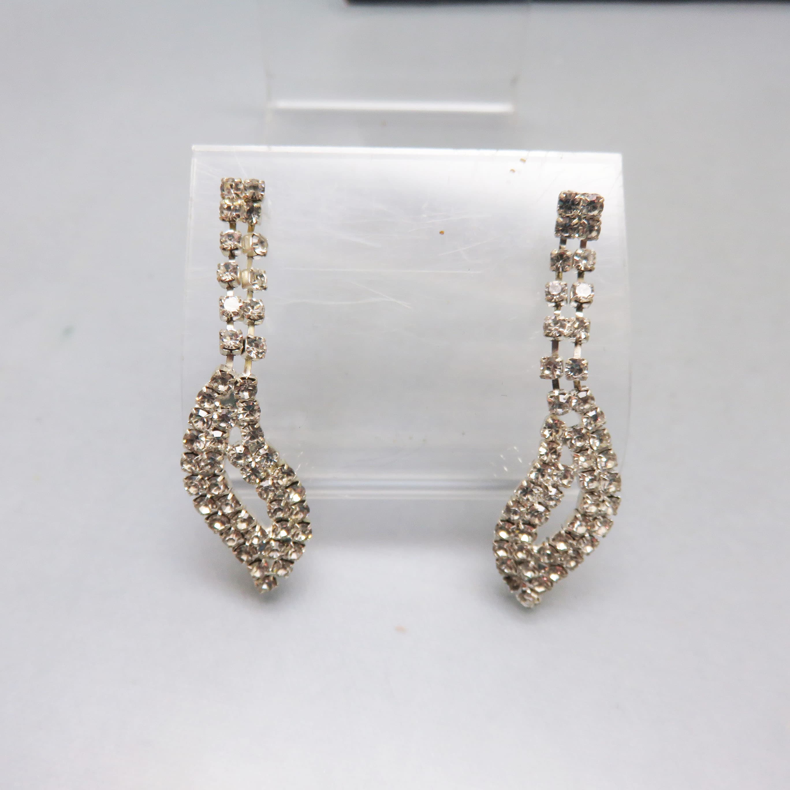 Slinky Clear Rhinestone Post Style Dangle Earrings, Prom or Bridal Style