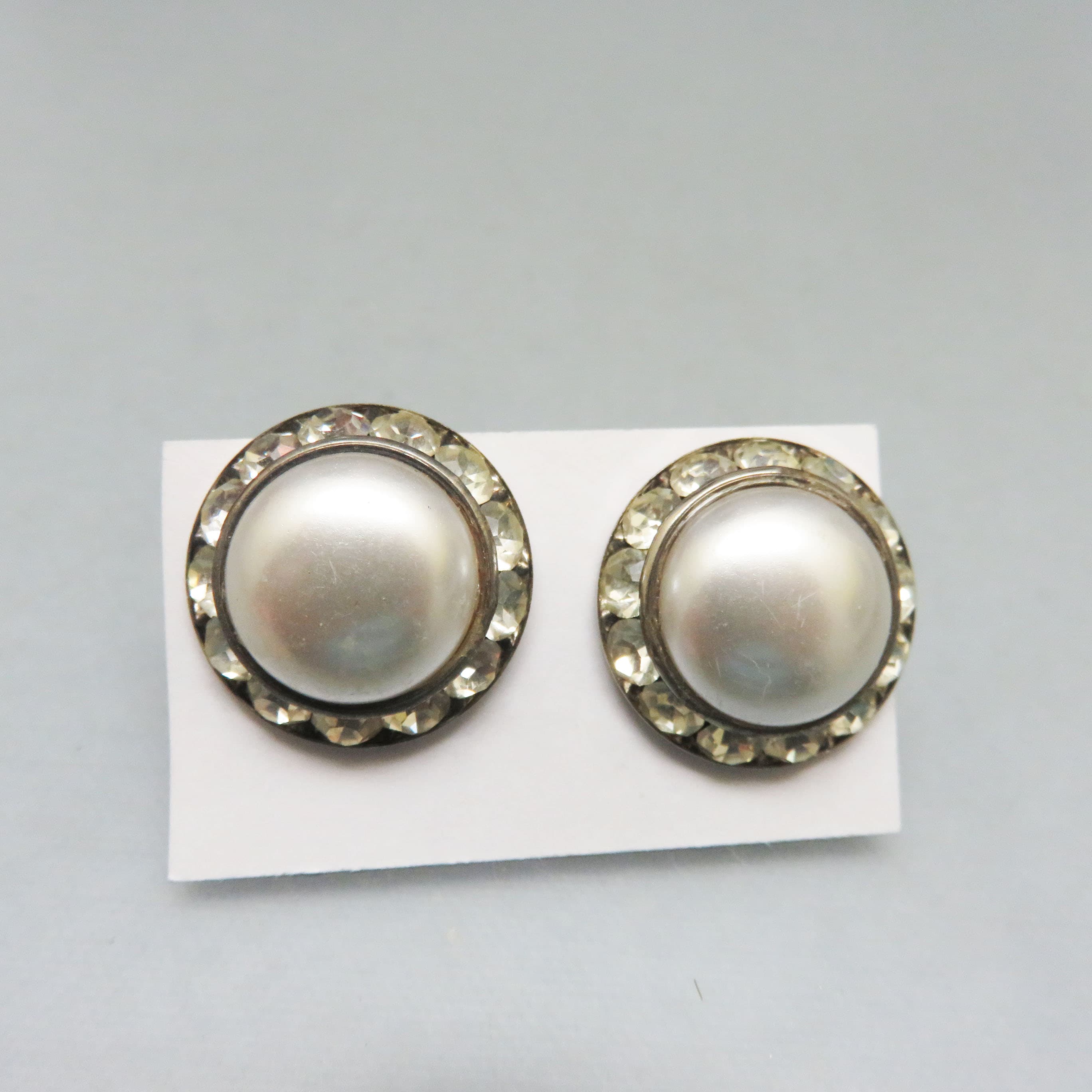 Old Hollywood Glamour Faux Button Pearl and Rhinestone Pierced Earrings