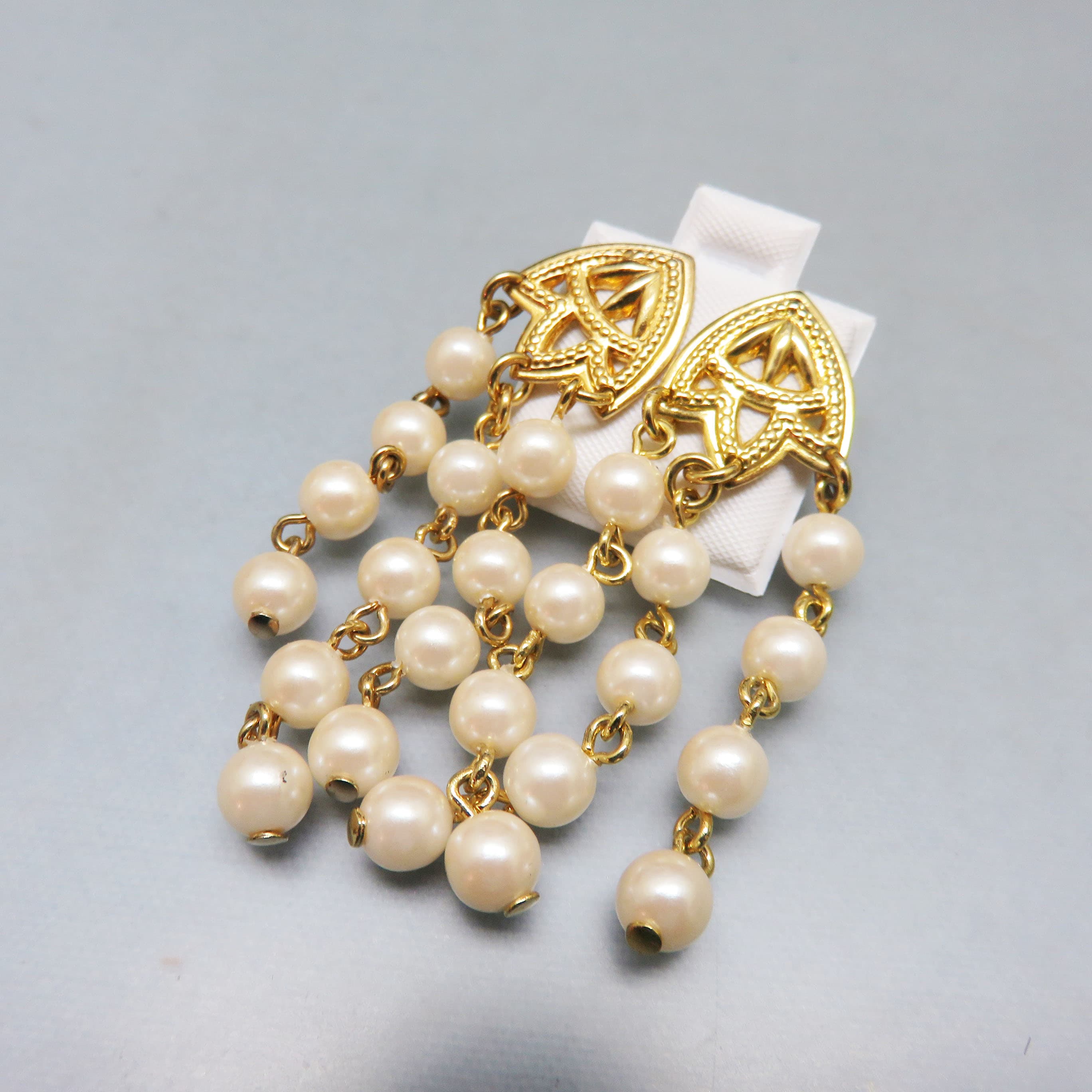 Gorgeous Faux Pearl 3 Strand Dangle Pierced Earrings