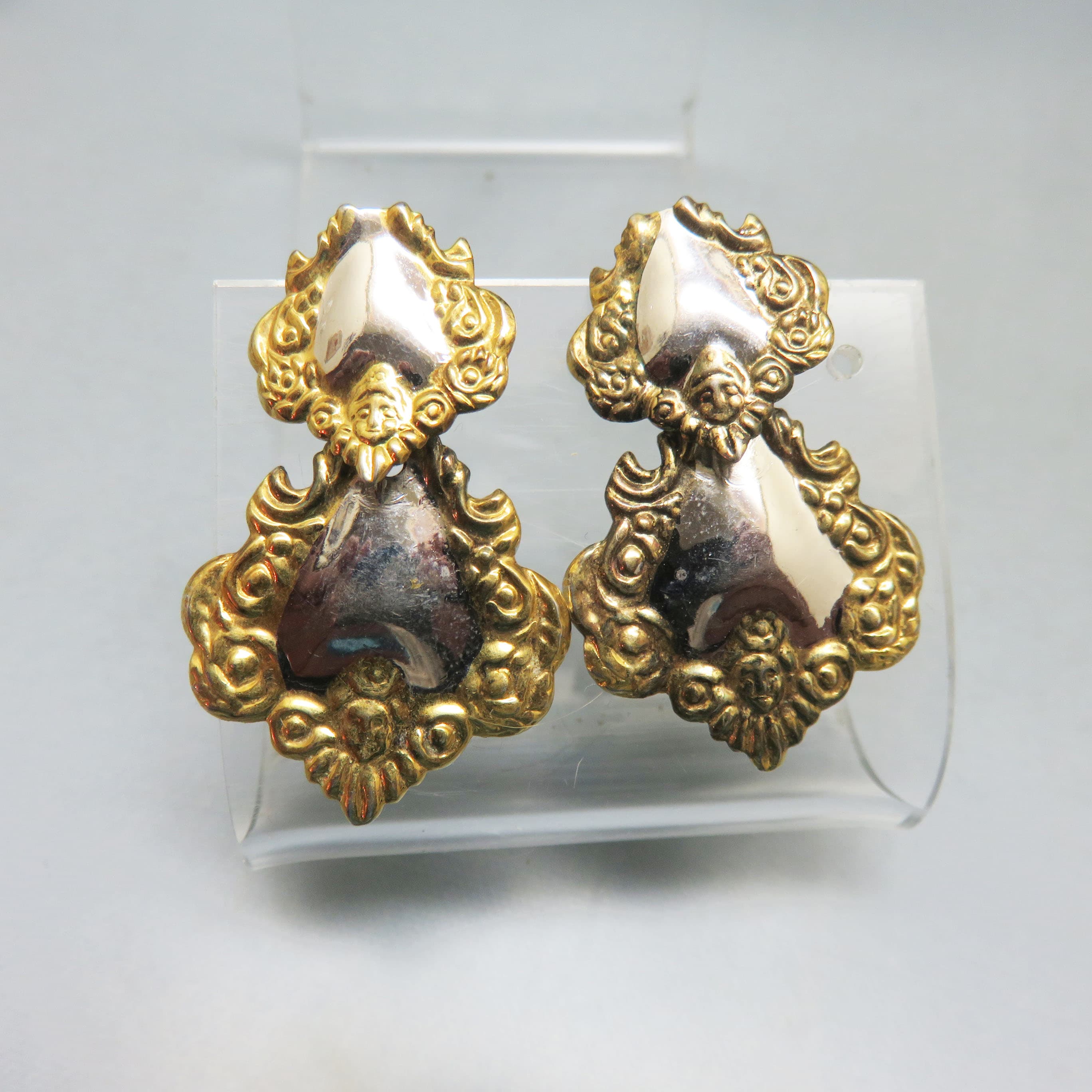 Victorian Luggage Tag Style Pierced Earrings, Silver and Gold Plated