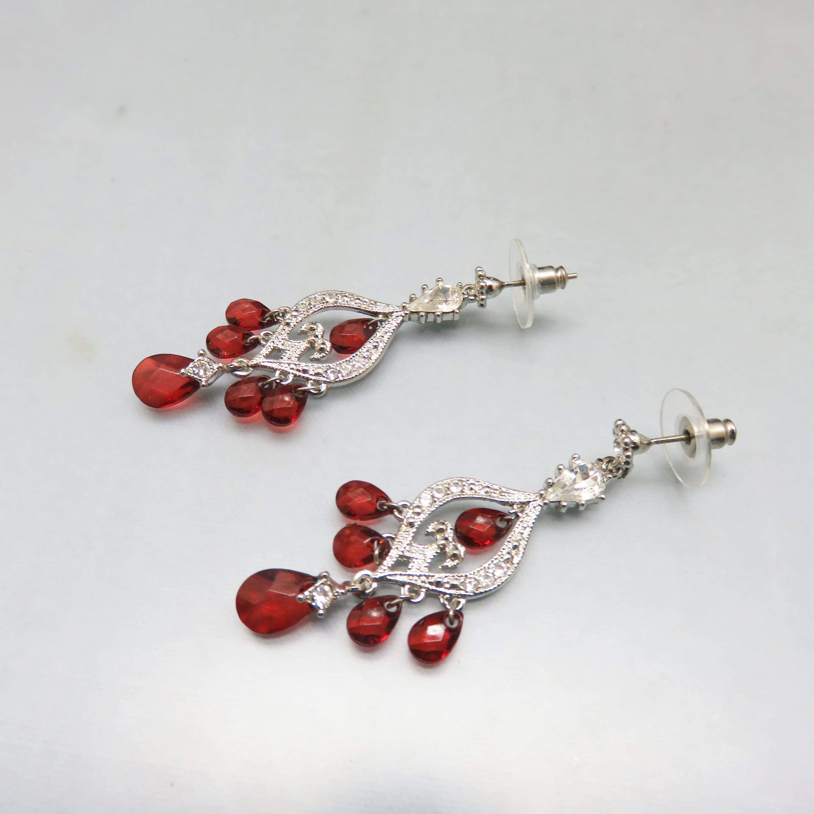 Rhinestone and Ruby Red Briolette Dangles Chandelier Pierced Earrings