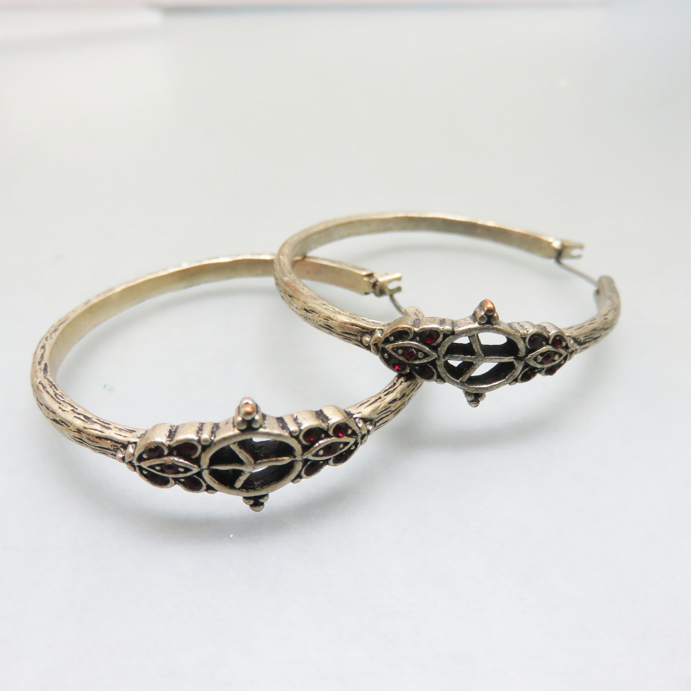 Aged Silvertone Metal 1 3/4 inch Peace Sign Hoop Earrings