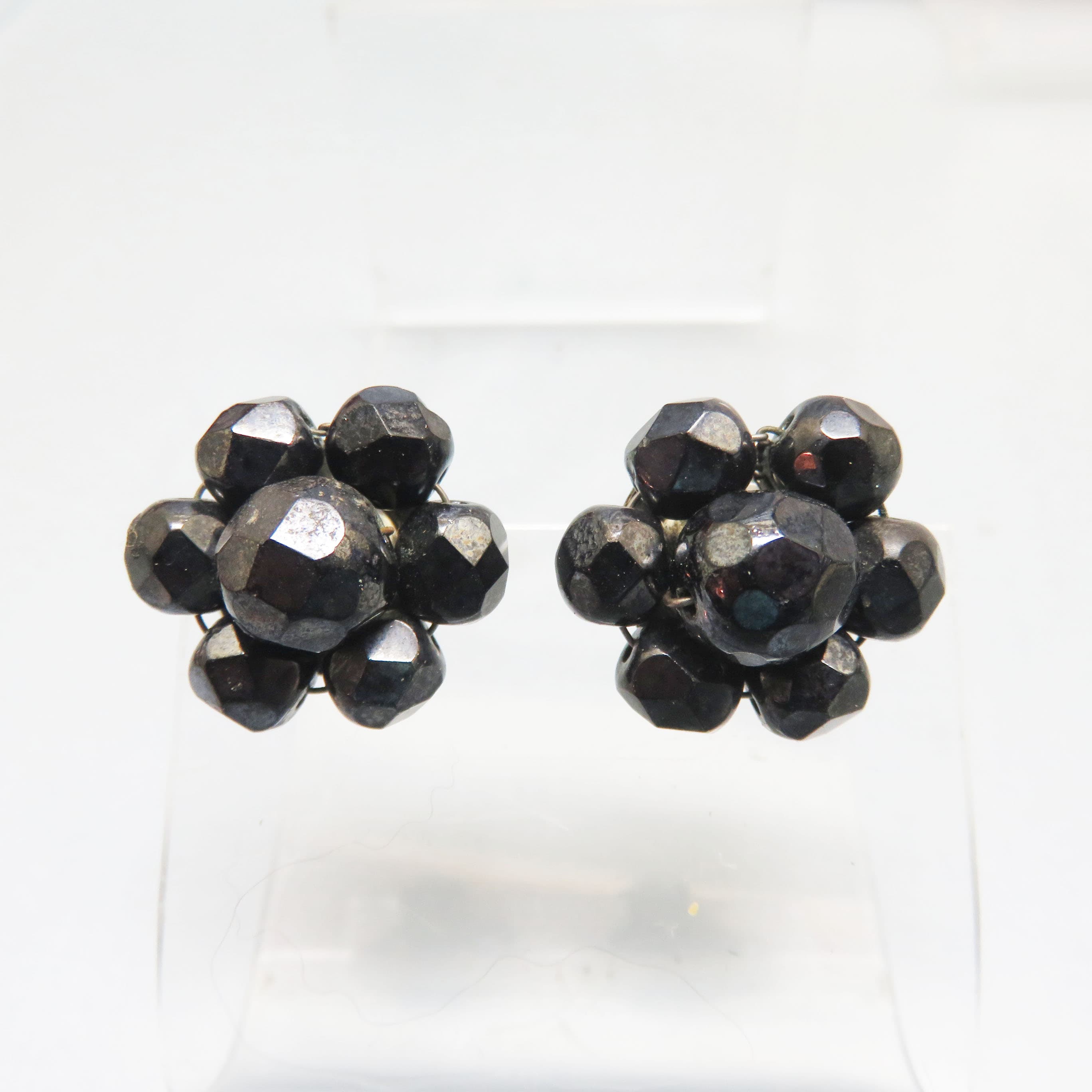 1960s Made in Western Germany Faceted Black Glass Flower Clip On Earrings