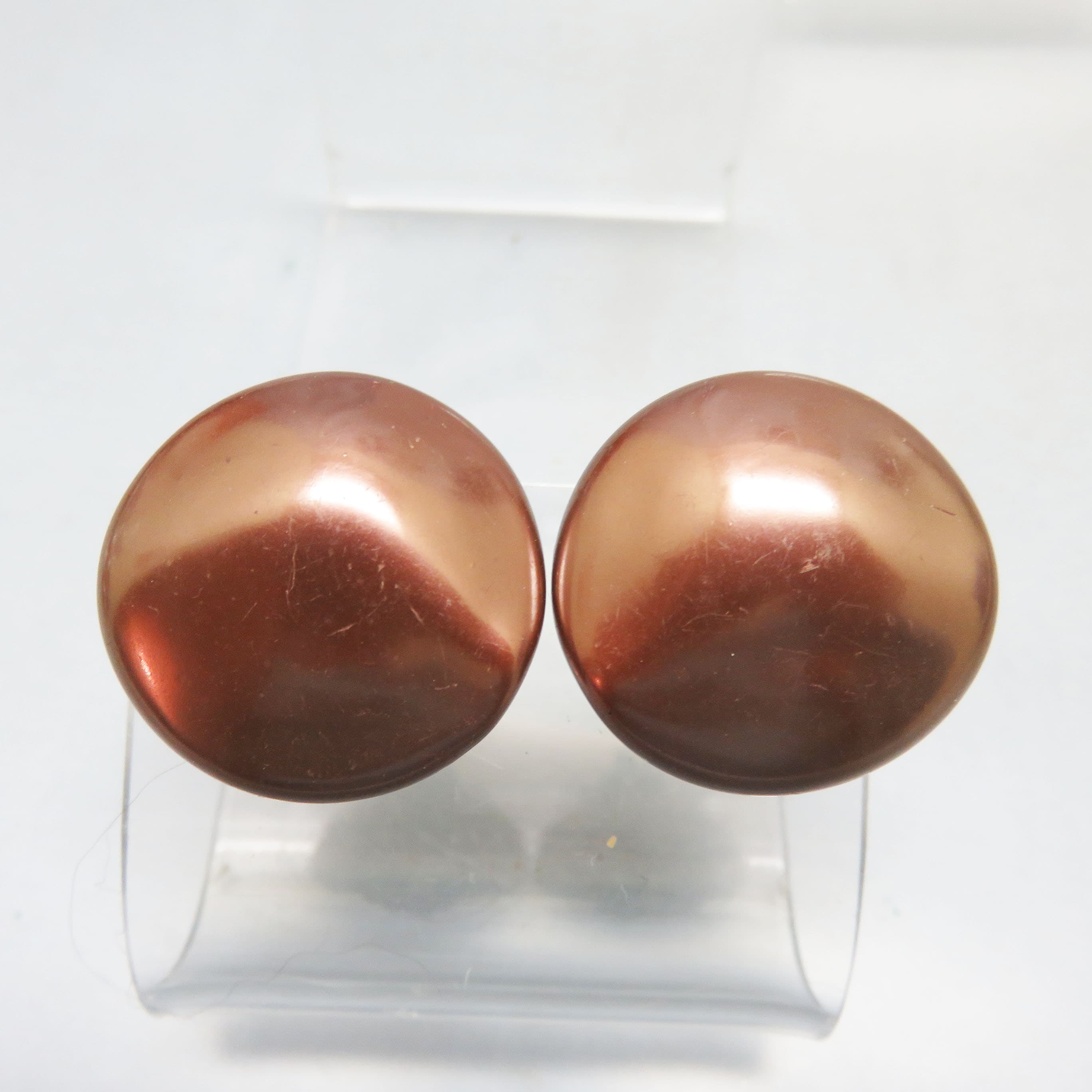 Coppery Brown Pearlized Plastic Button Clip On Earrings, 1 1/8th inch Diameter