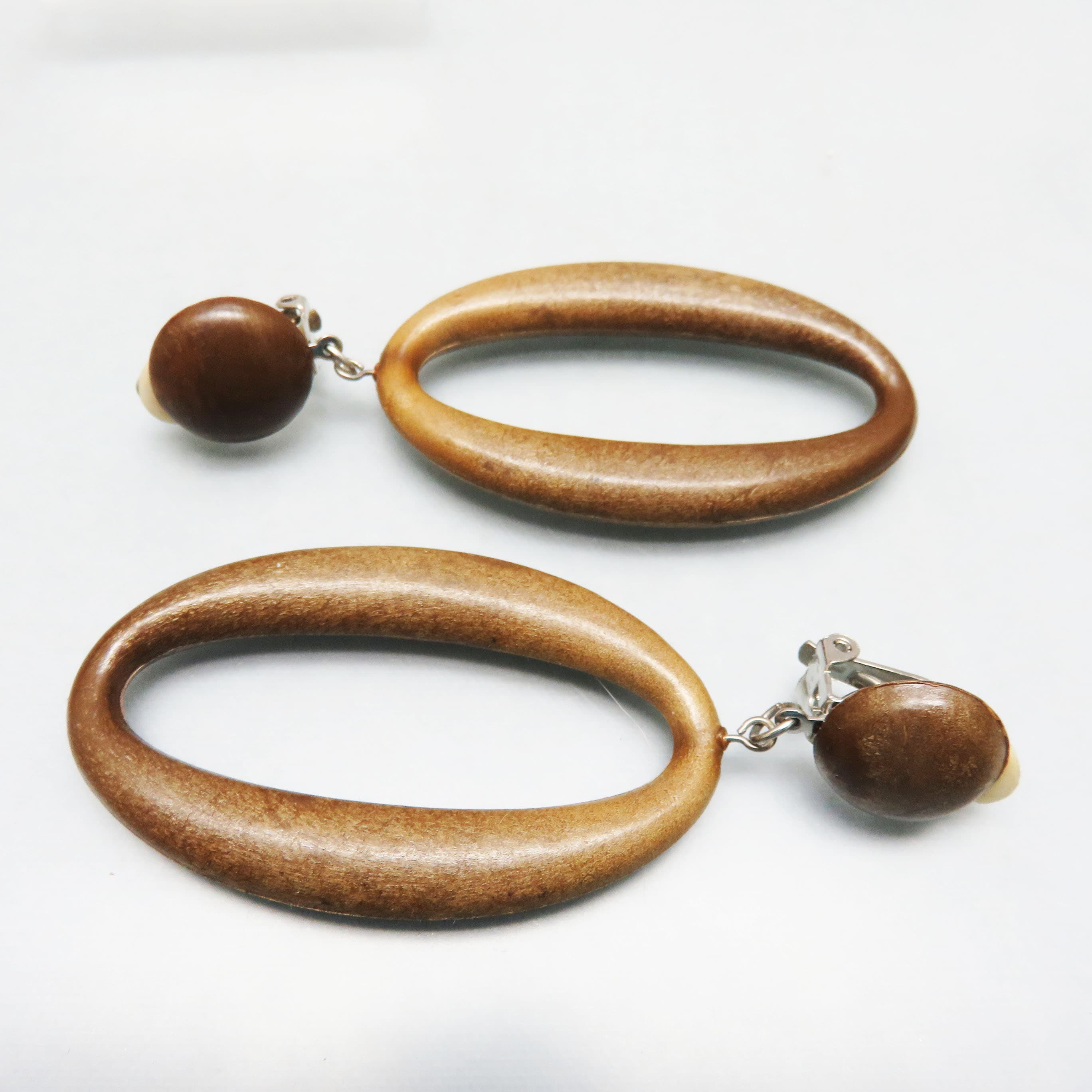 1970 Wooden BoHo Clip On Button and Hoop Earrings