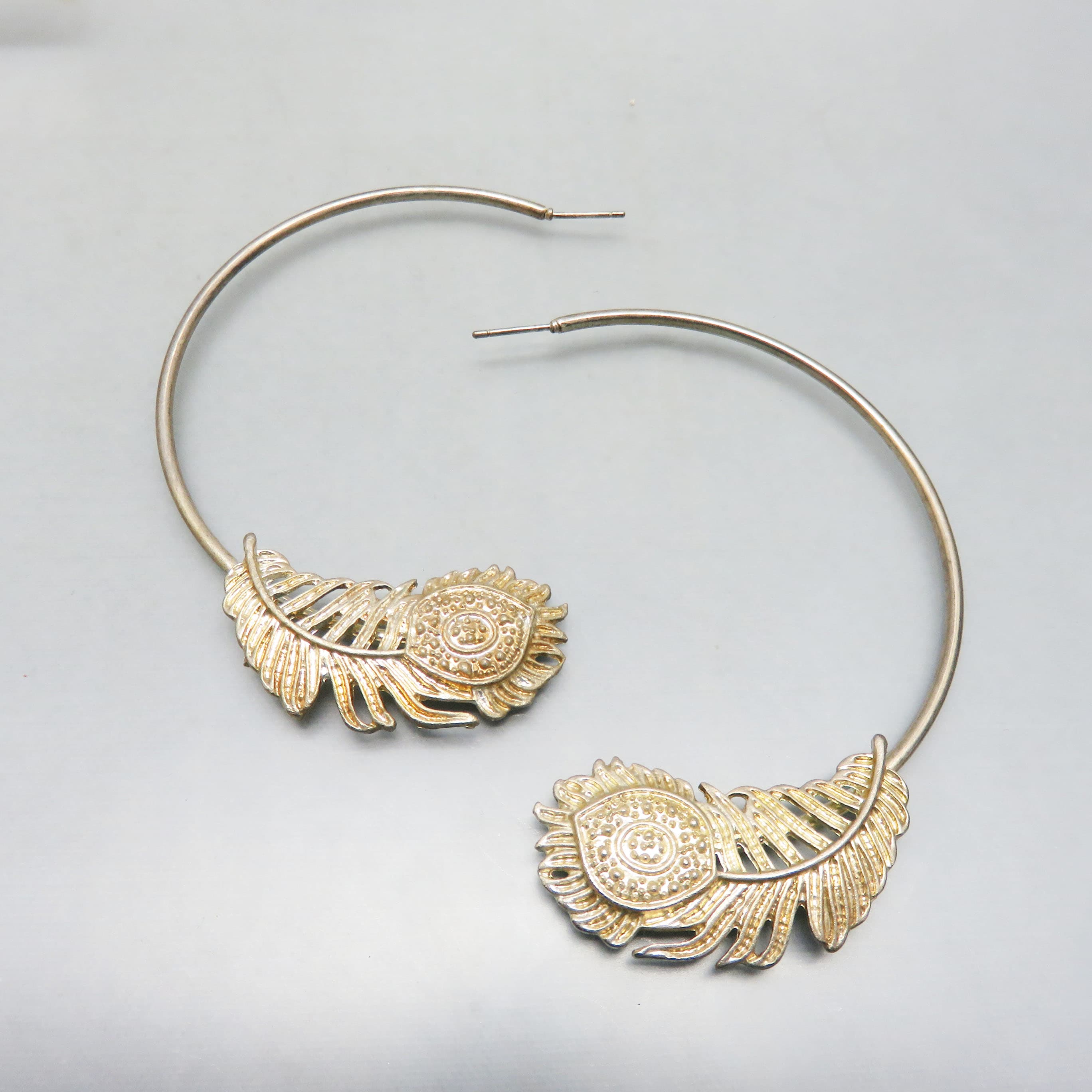 Big Bold Metal Peacock Feather Silvery Hoop Pierced Earrings