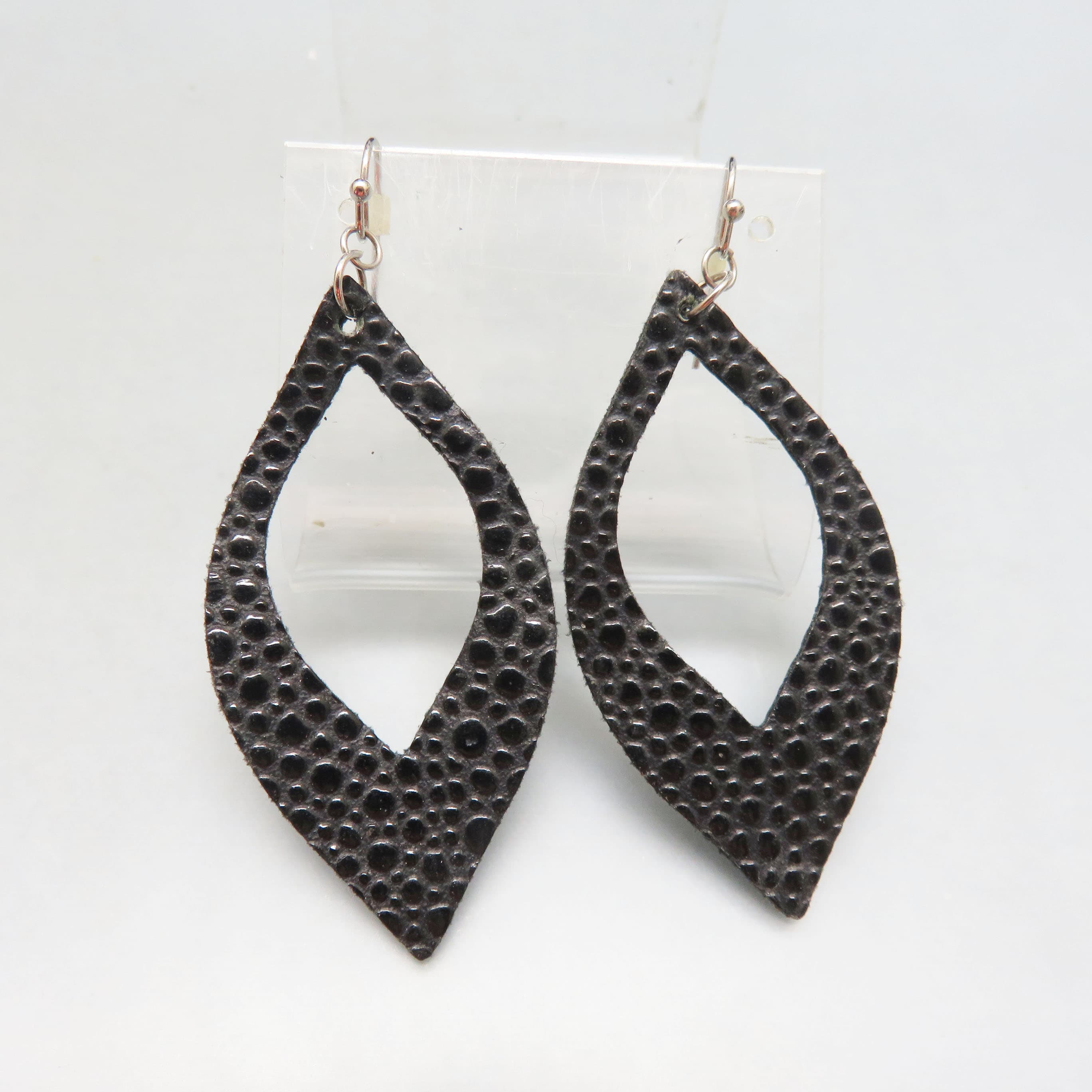 Modern Black Leather Horse Eye Shaped Pierced Earrings, Light and Airy
