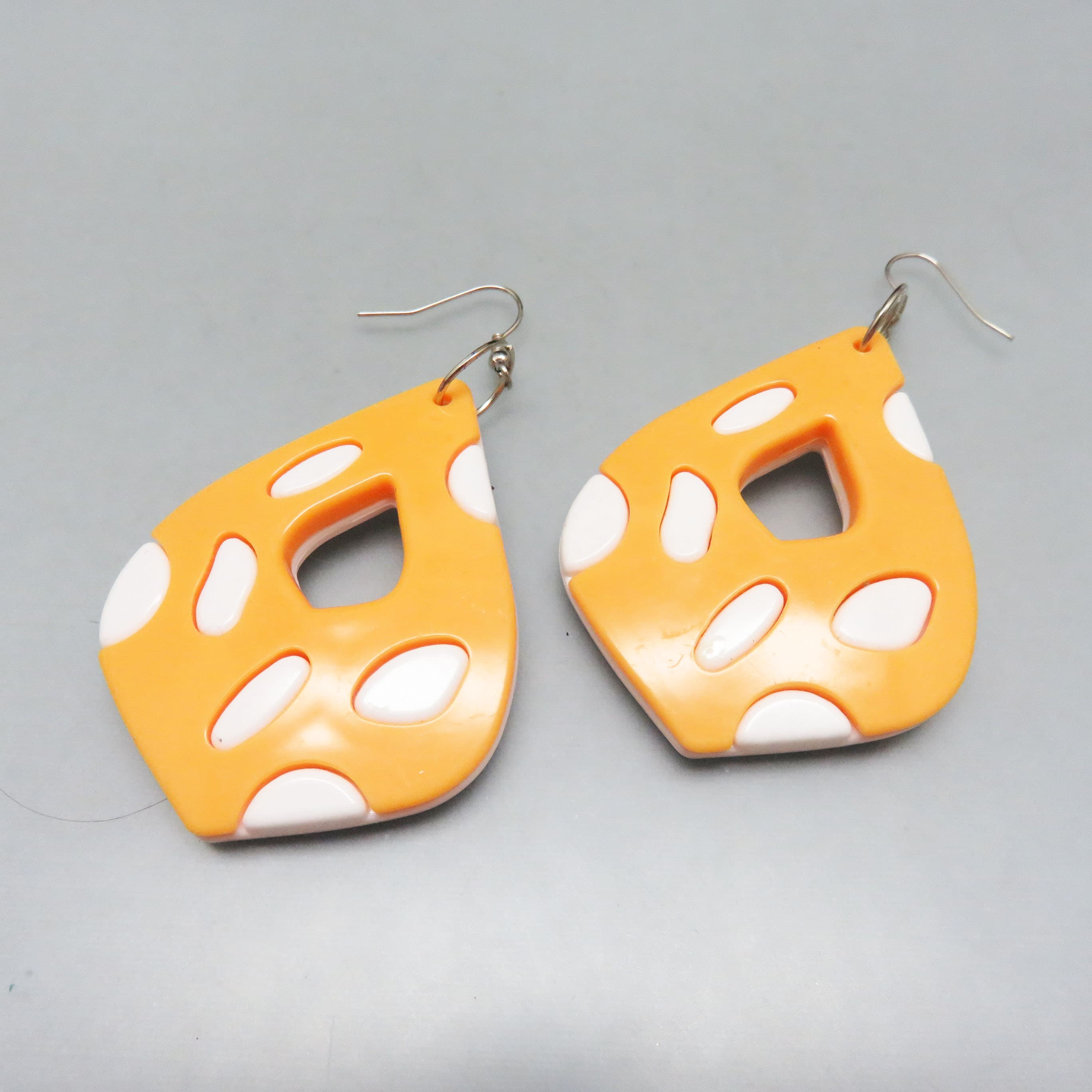 Fun Spotted Plastic Apricot and White Pierced Earrings, Big and Bold Summertime Earrings