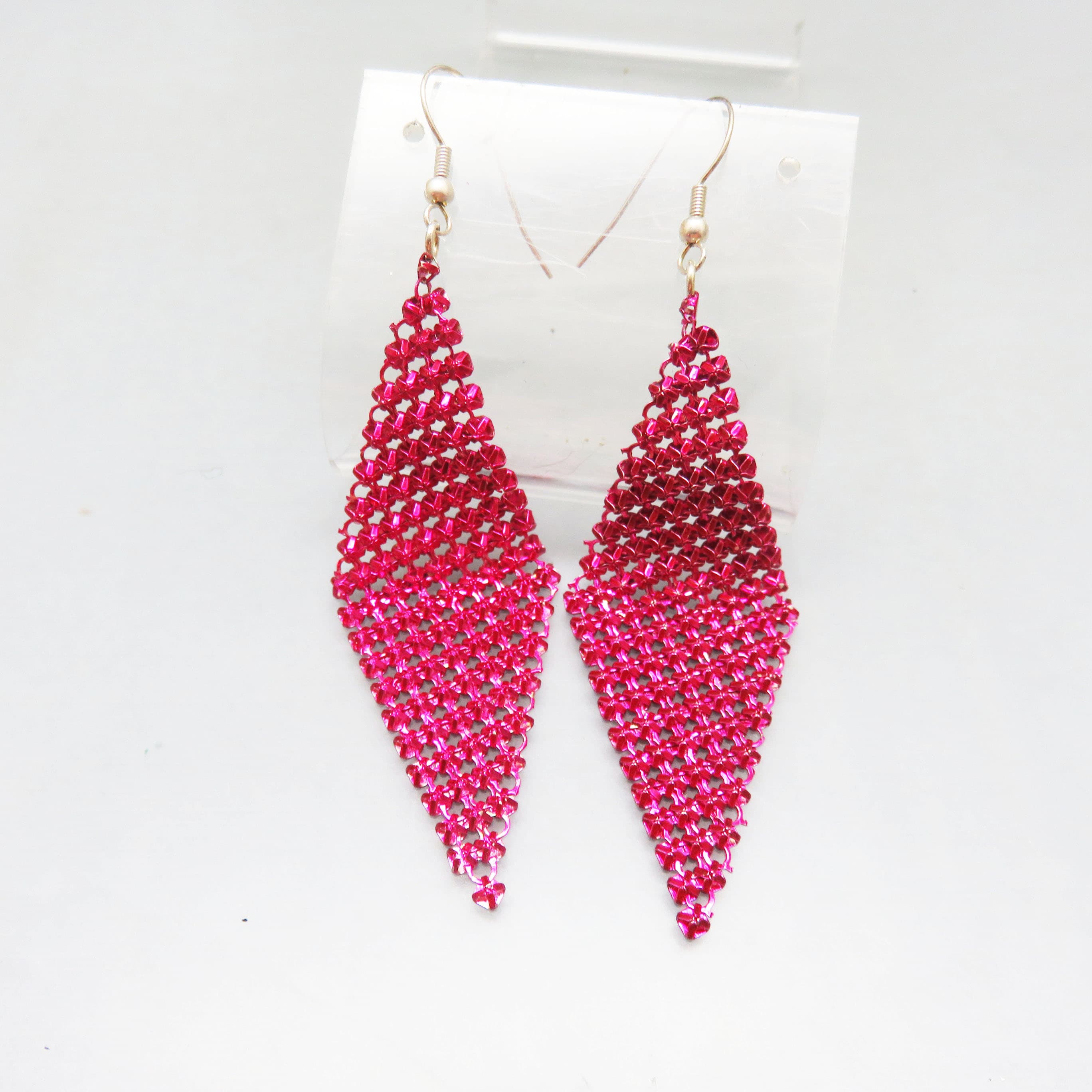 Hot Raspberry Pink Woven Mesh Pierced Earrings, Vintage Kite Shape Earrings