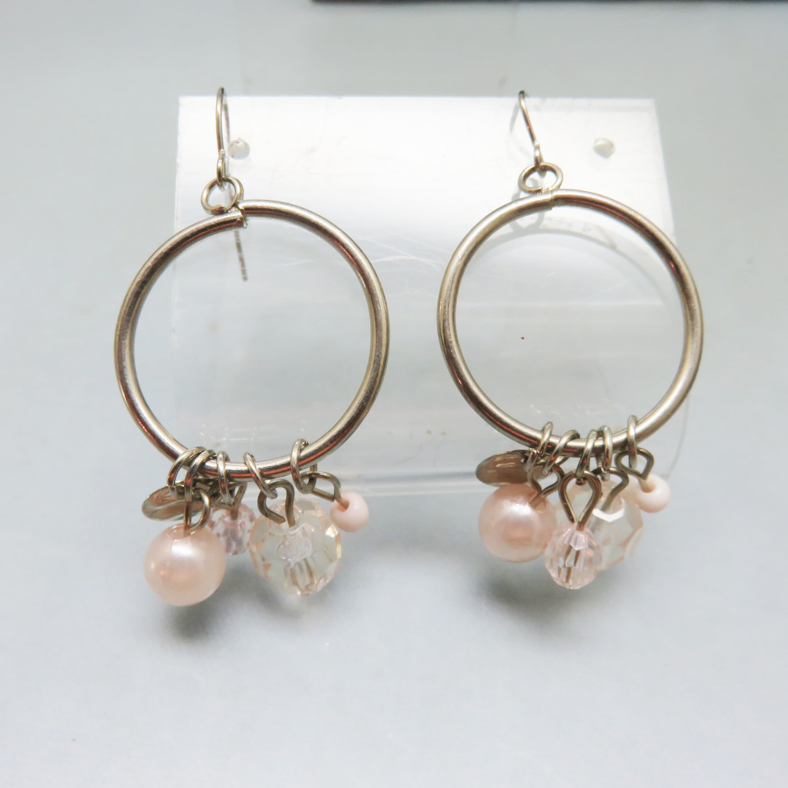 French Hook Pierced Hoop Dangle Earrings, Vintage Crystal and Pearl Dangles