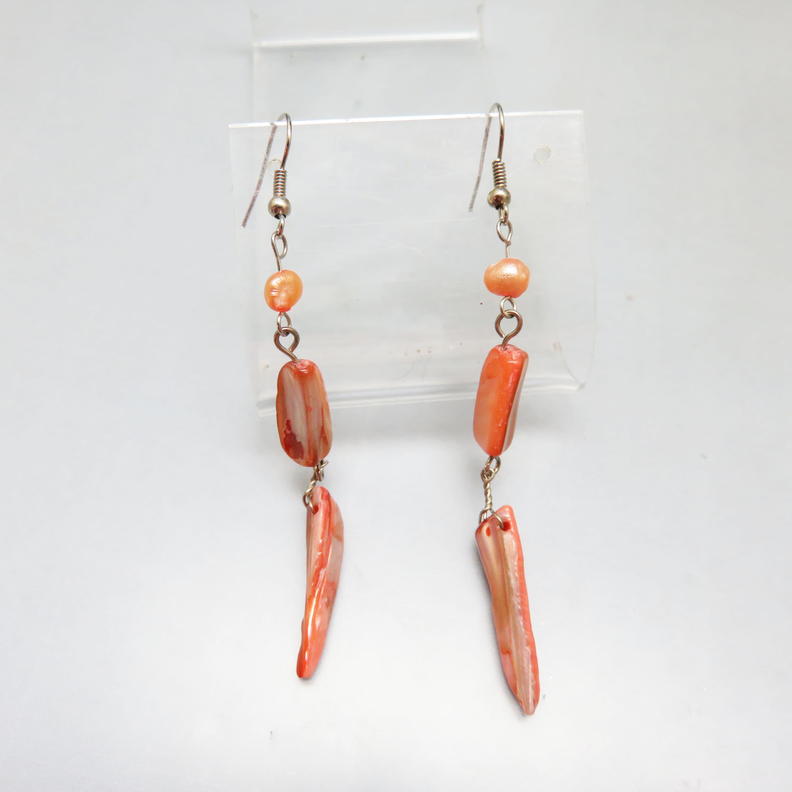Elegant Dyed Mother of Pearl Beads and Real Pearl Pierced Earrings, Sunset Orange