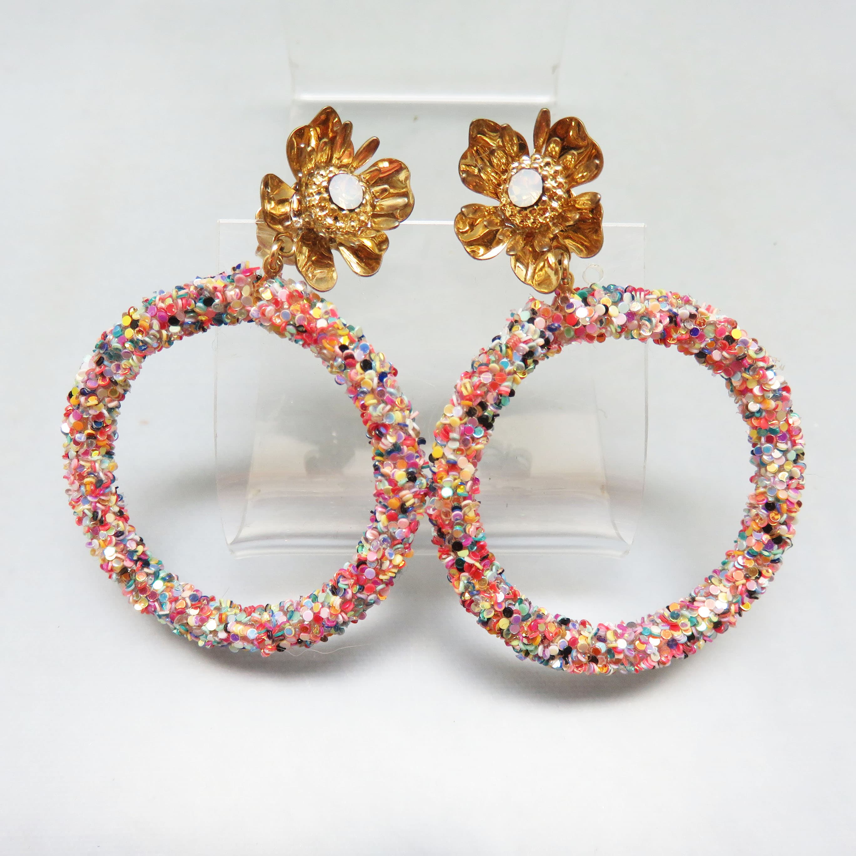 Flower Topped Glittered Hoop Pierced Earrings