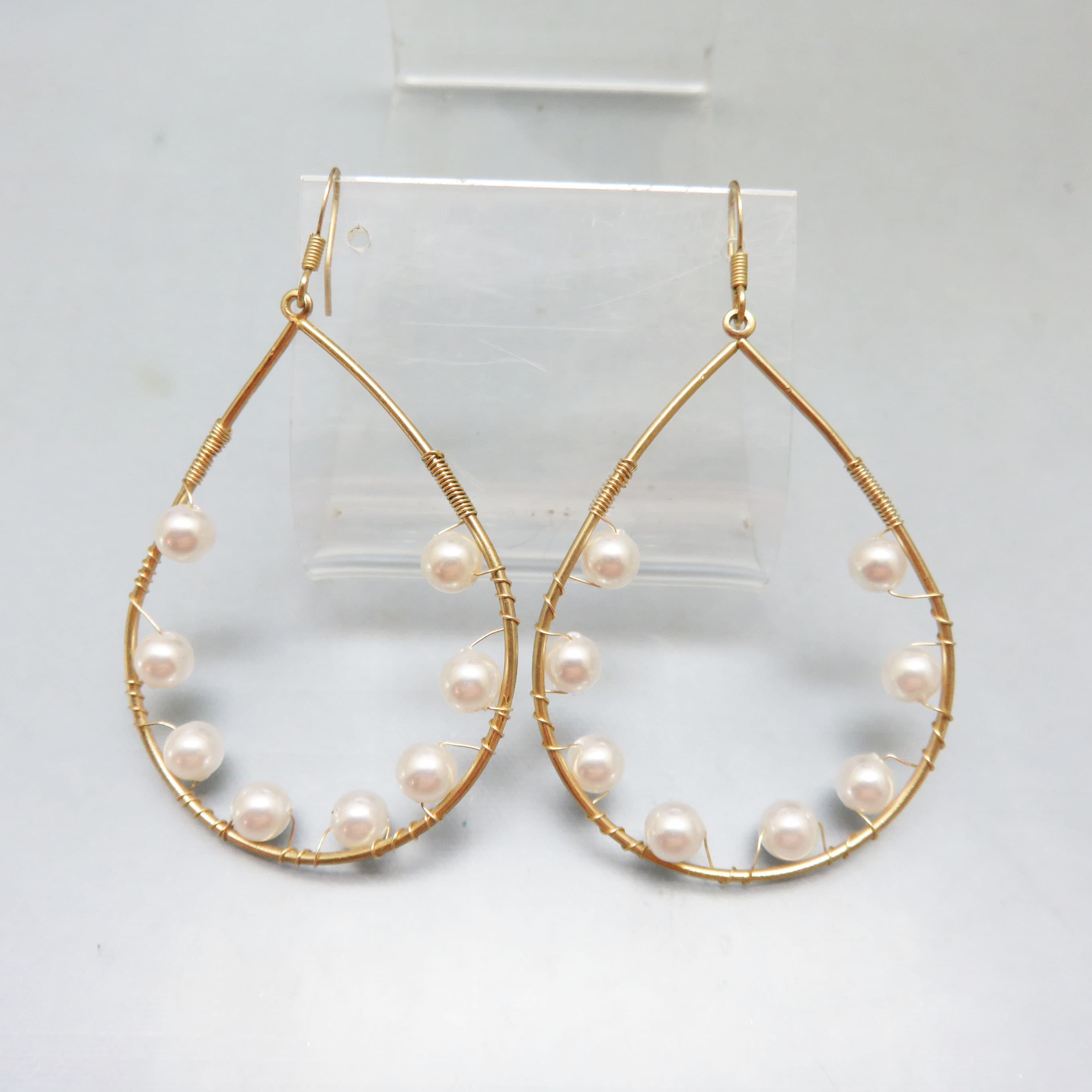 Goldtone Beaded Teardrop Hoop Pierced Earrings, French Hook