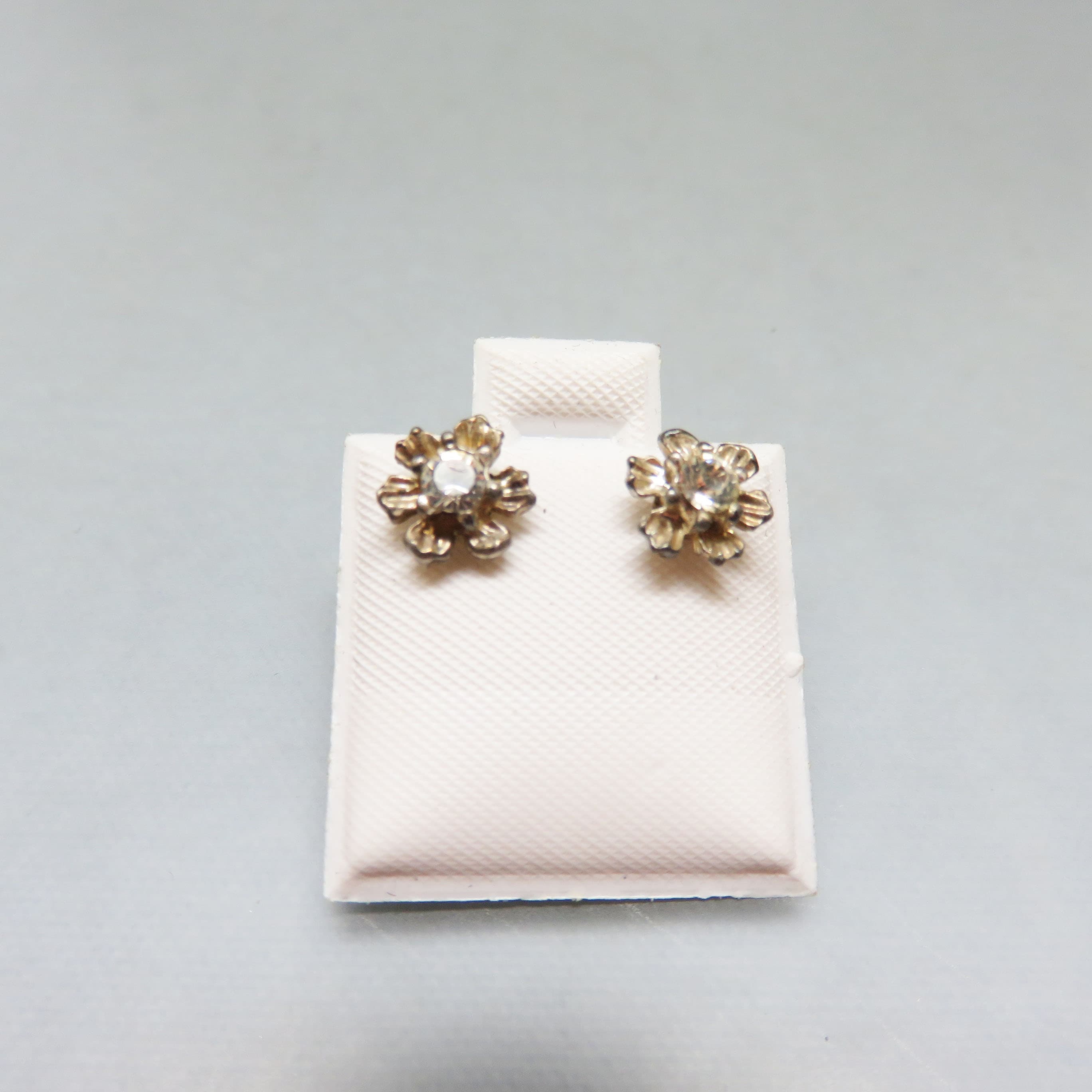 Tiny Rhinestone in a Golden Flower Post Style Pierced Earrings, Vintage to the 1980s