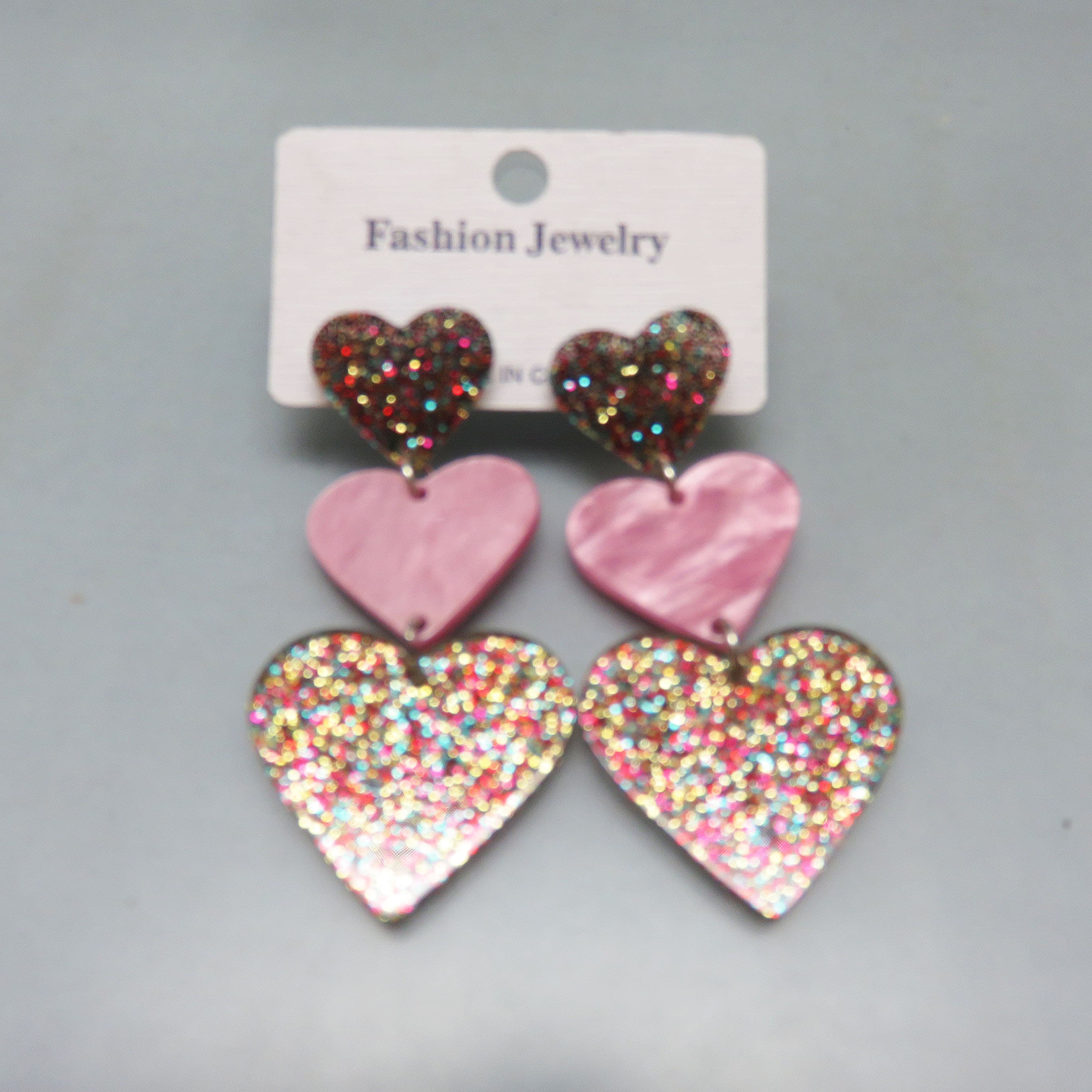 Glittered and Pink Resin Three Heart Dangle Pierced Earrings, Mint on Card