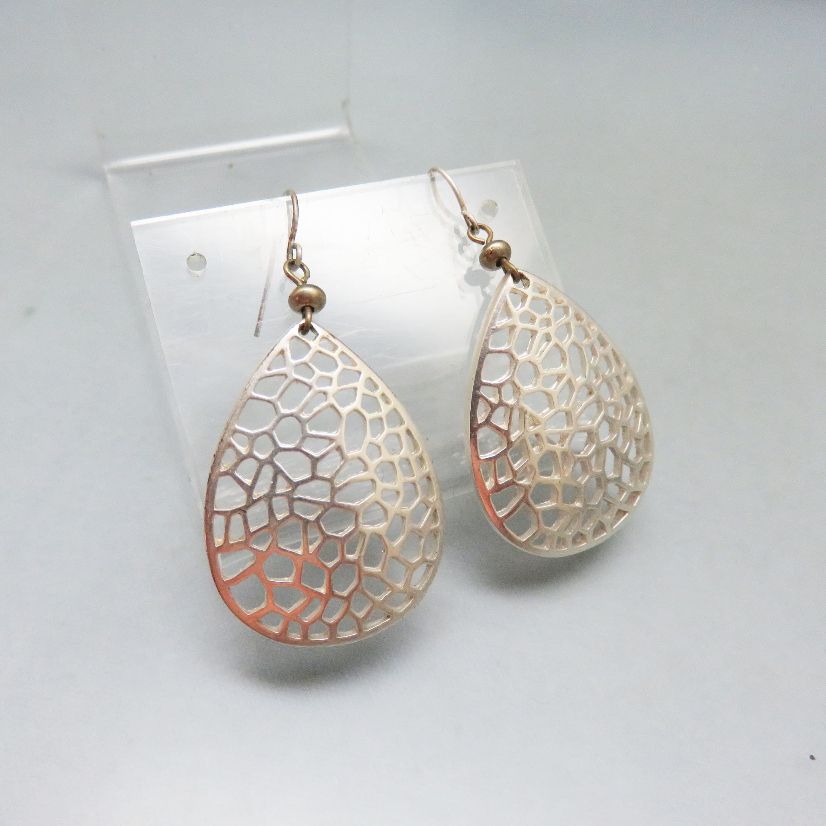 Open Silvery Honeycomb Teardrop Pierced Earrings, Vintage French Hooks