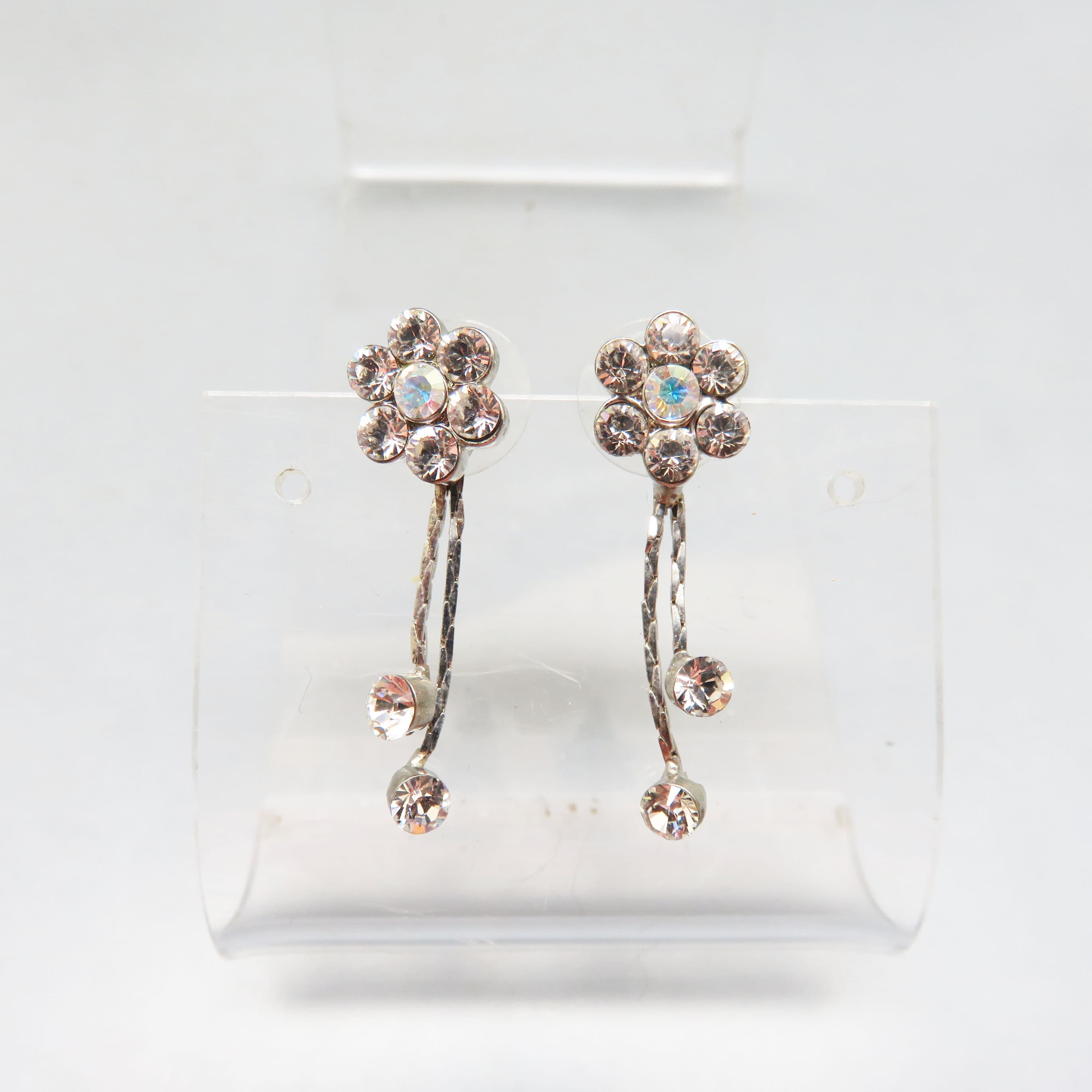 Bright Silvertone Metal Rhinestone Flower Pierced Earrings, Vintage